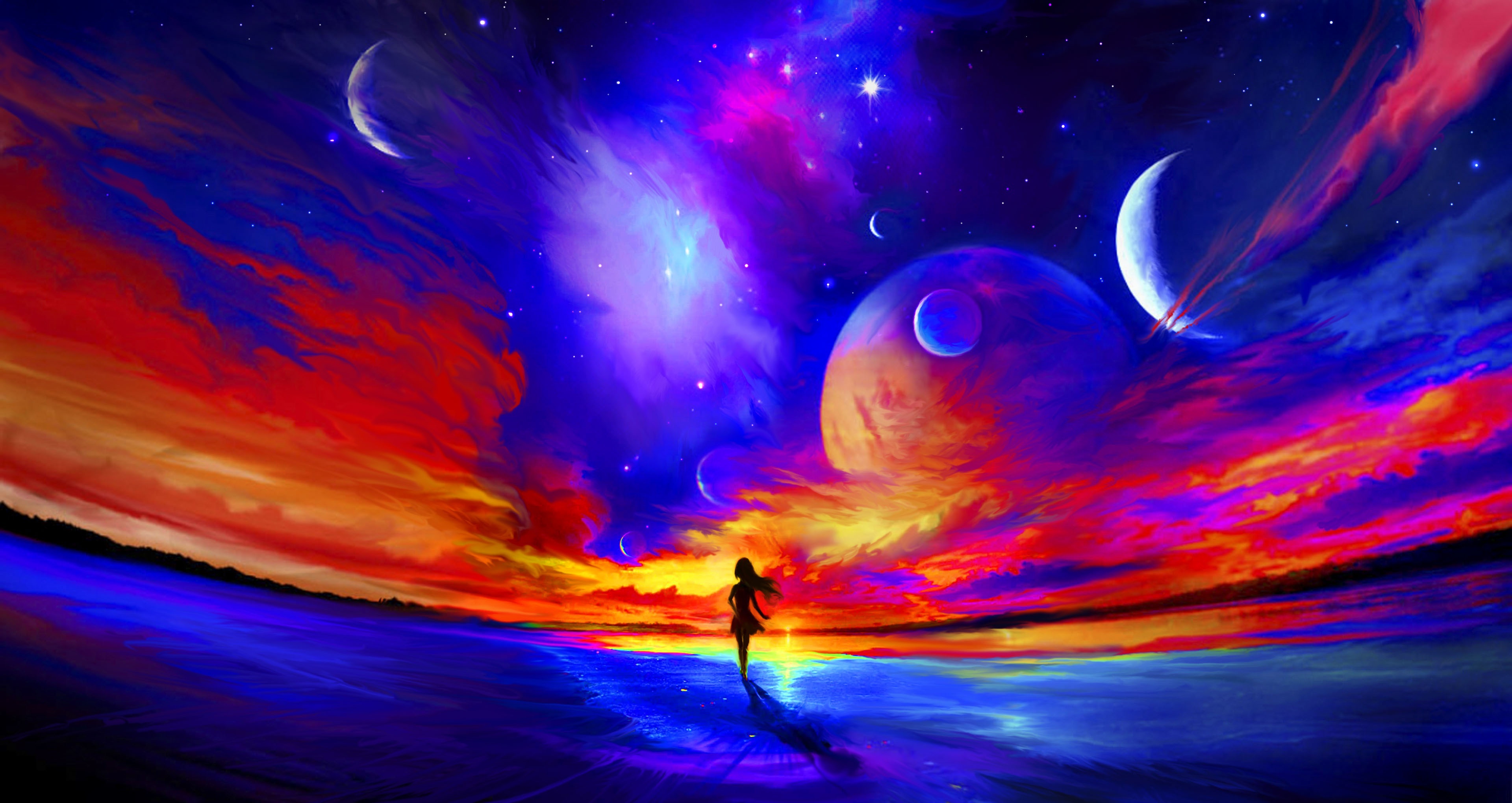 Woman walking on alien planet with moons and nebulae HD Wallpaper