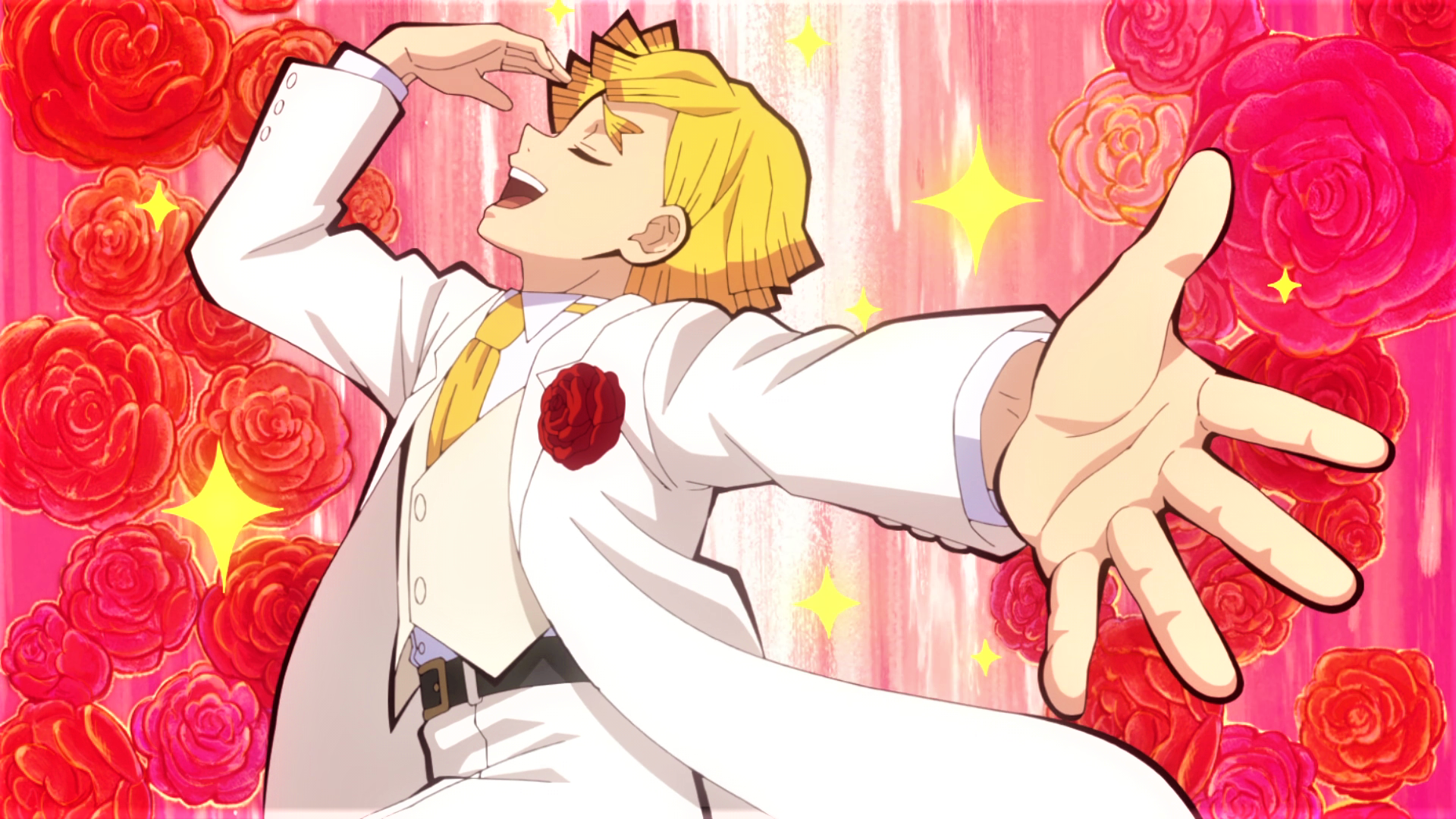Zenitsu Agatsuma in a white suit with roses HD Wallpaper