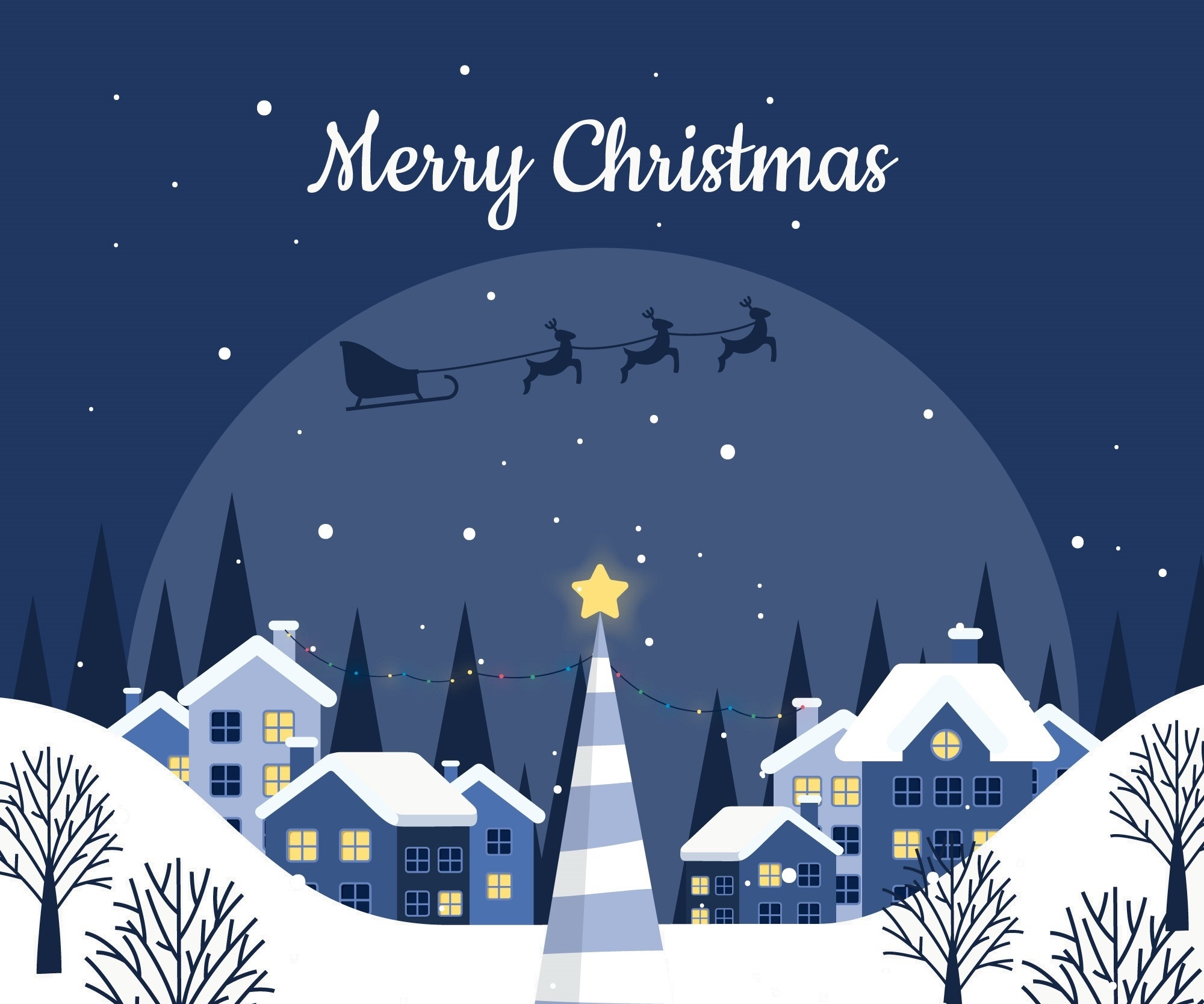 Merry Christmas Village Scene with Santa's Sleigh HD Wallpaper