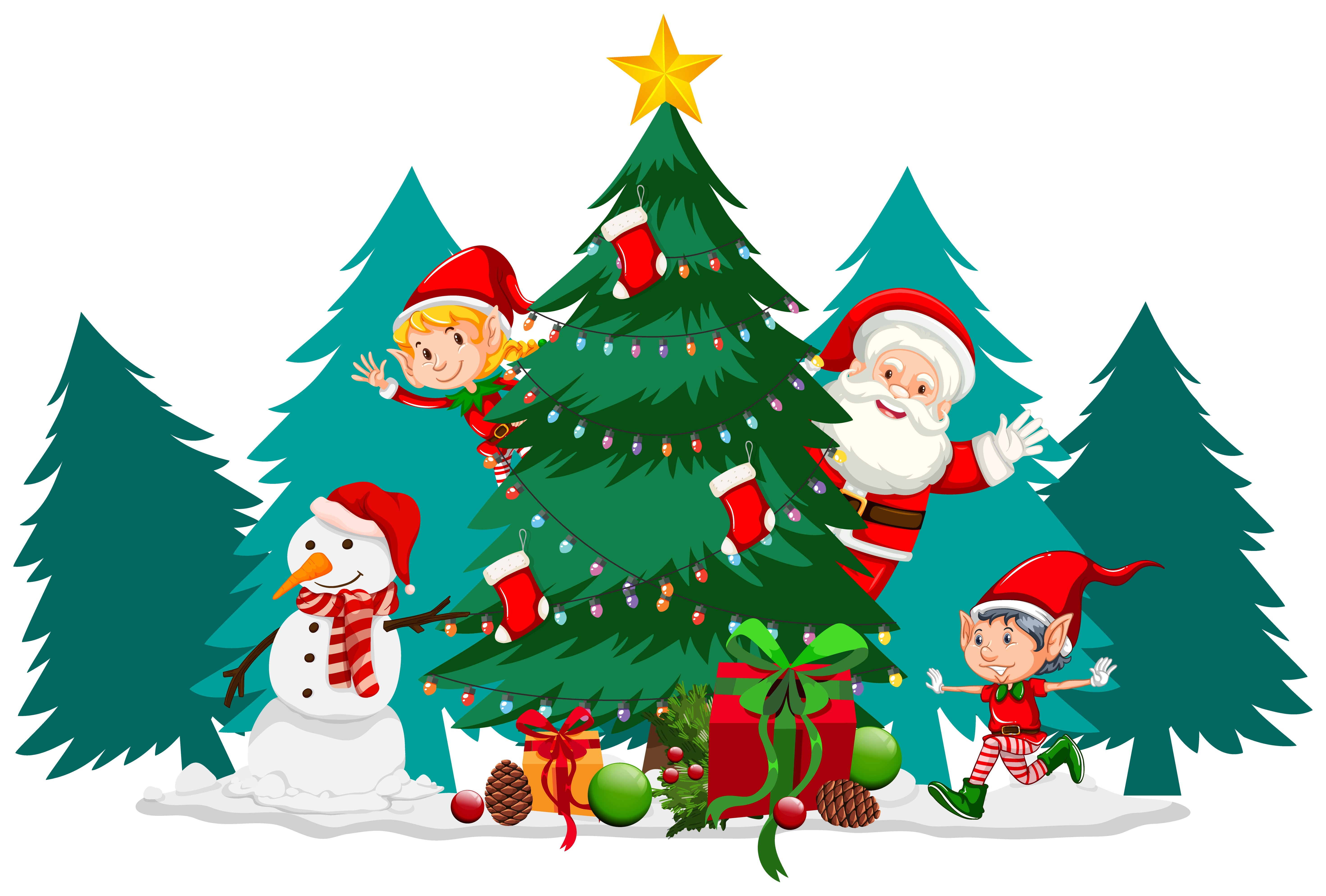 Christmas Tree with Santa, Elves, and Snowman HD Wallpaper