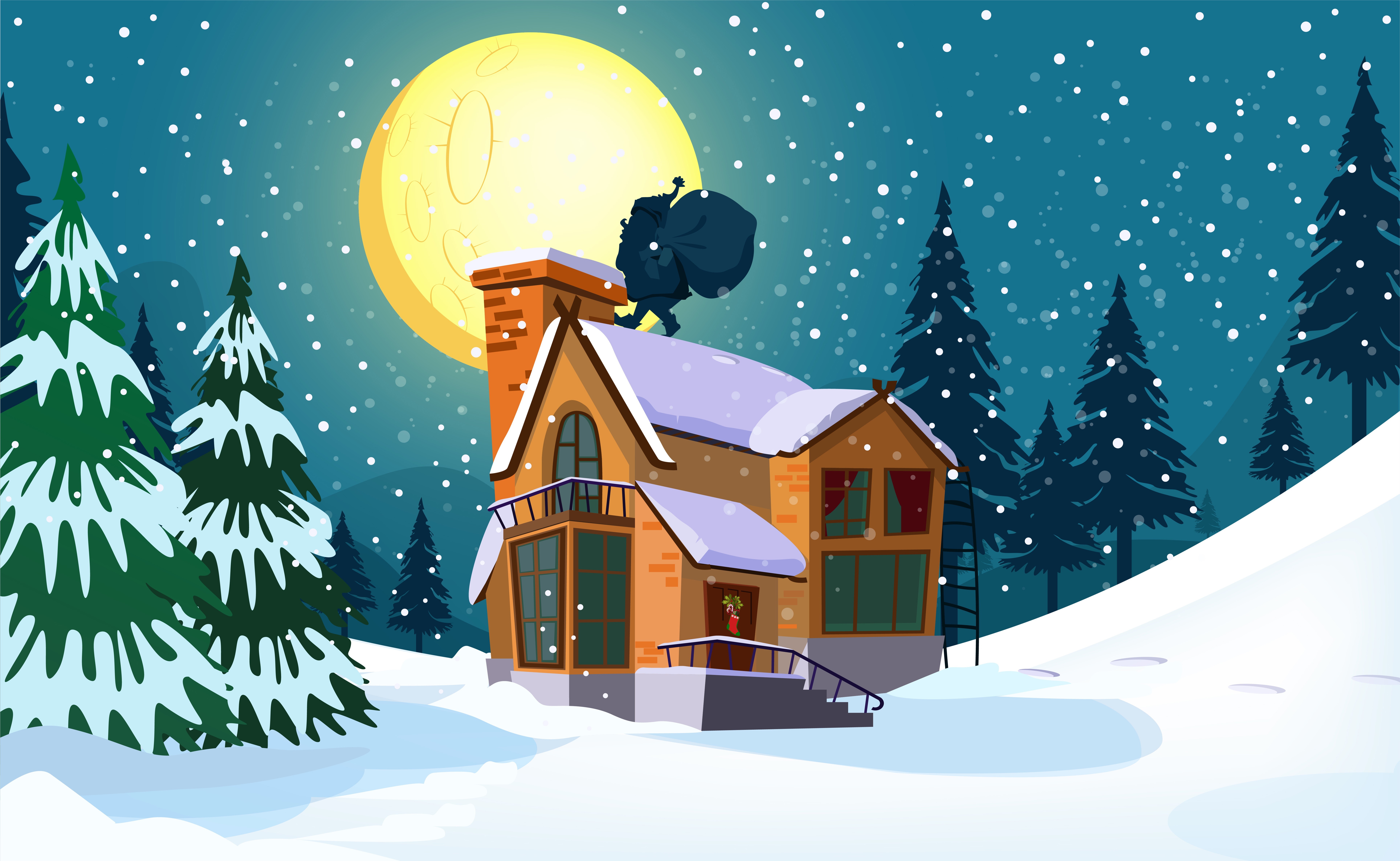 Santa on a snowy rooftop under the moon HD Wallpaper