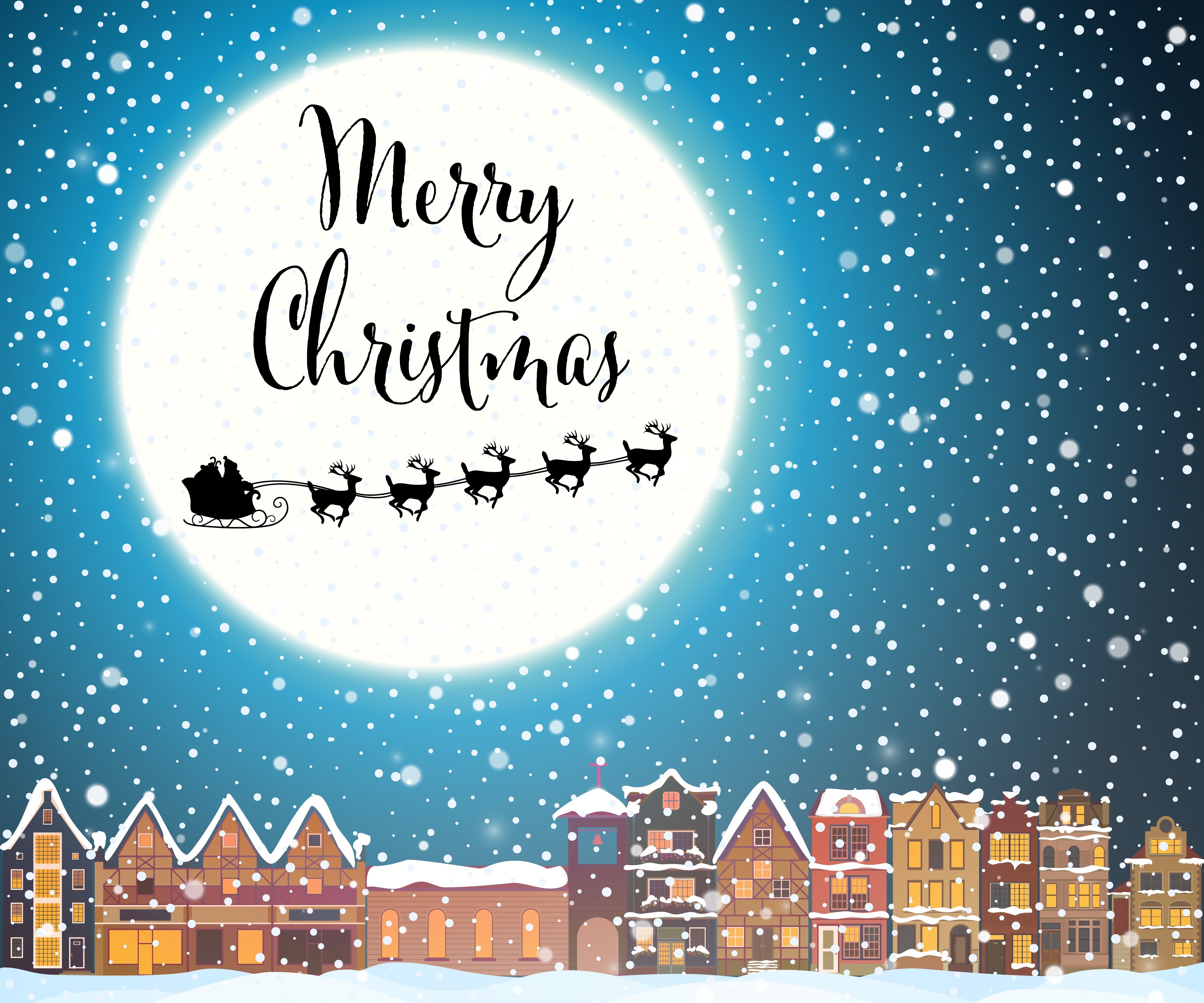 Merry Christmas with Santa's Sleigh and Snowy Town HD Wallpaper