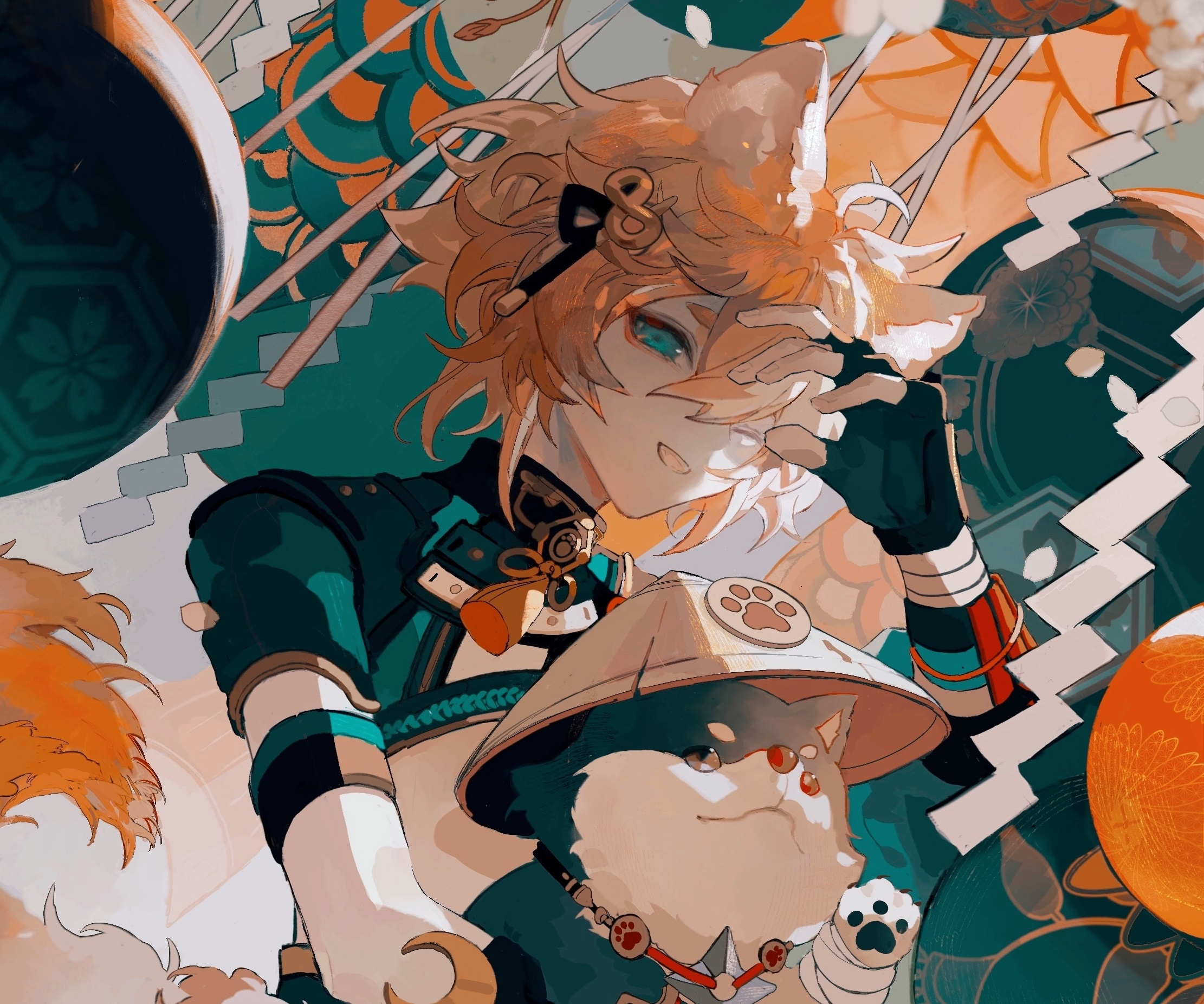 Gorou from Genshin Impact with a Shiba Inu HD Wallpaper
