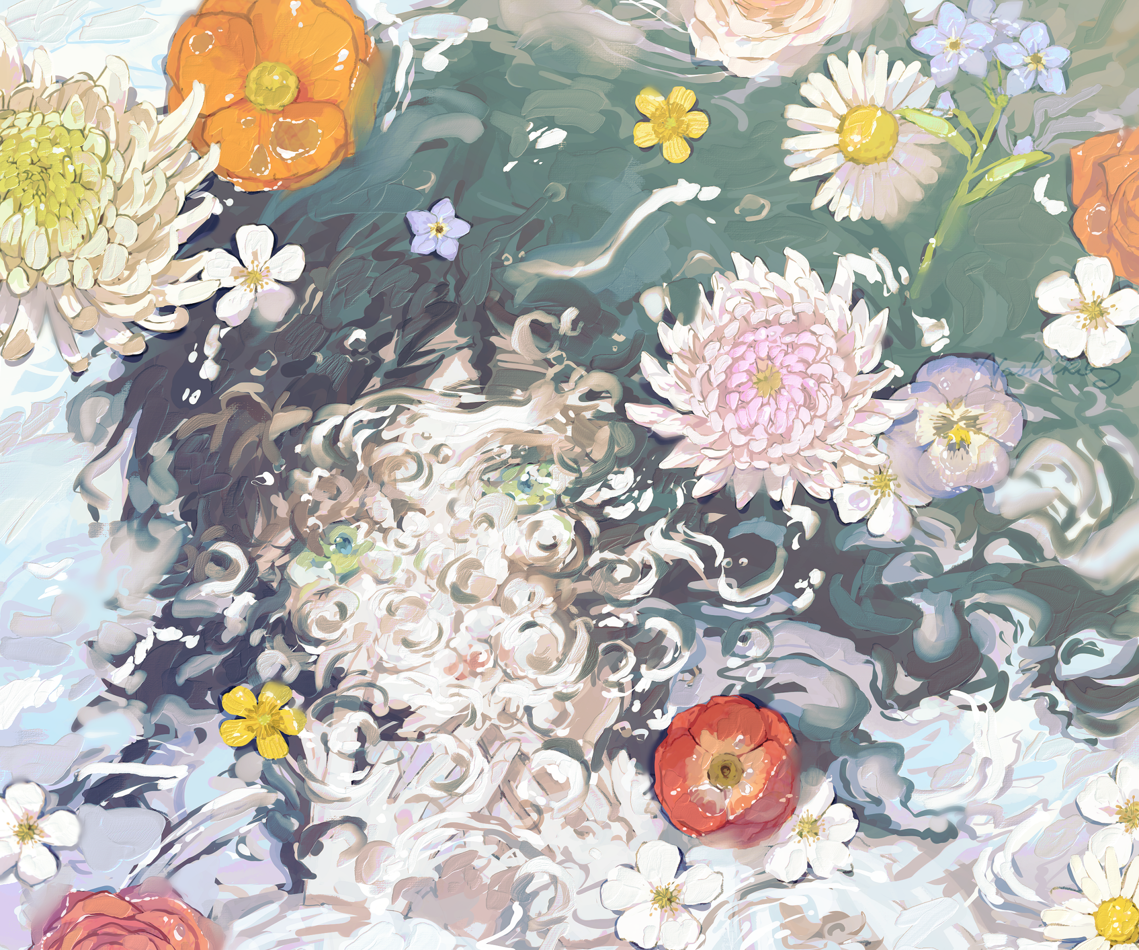 Girl with flowers in water HD Wallpaper
