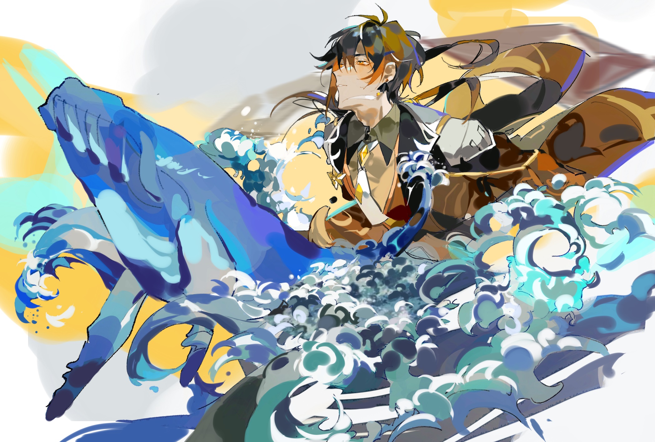 Zhongli from Genshin Impact with a whale and waves HD Wallpaper