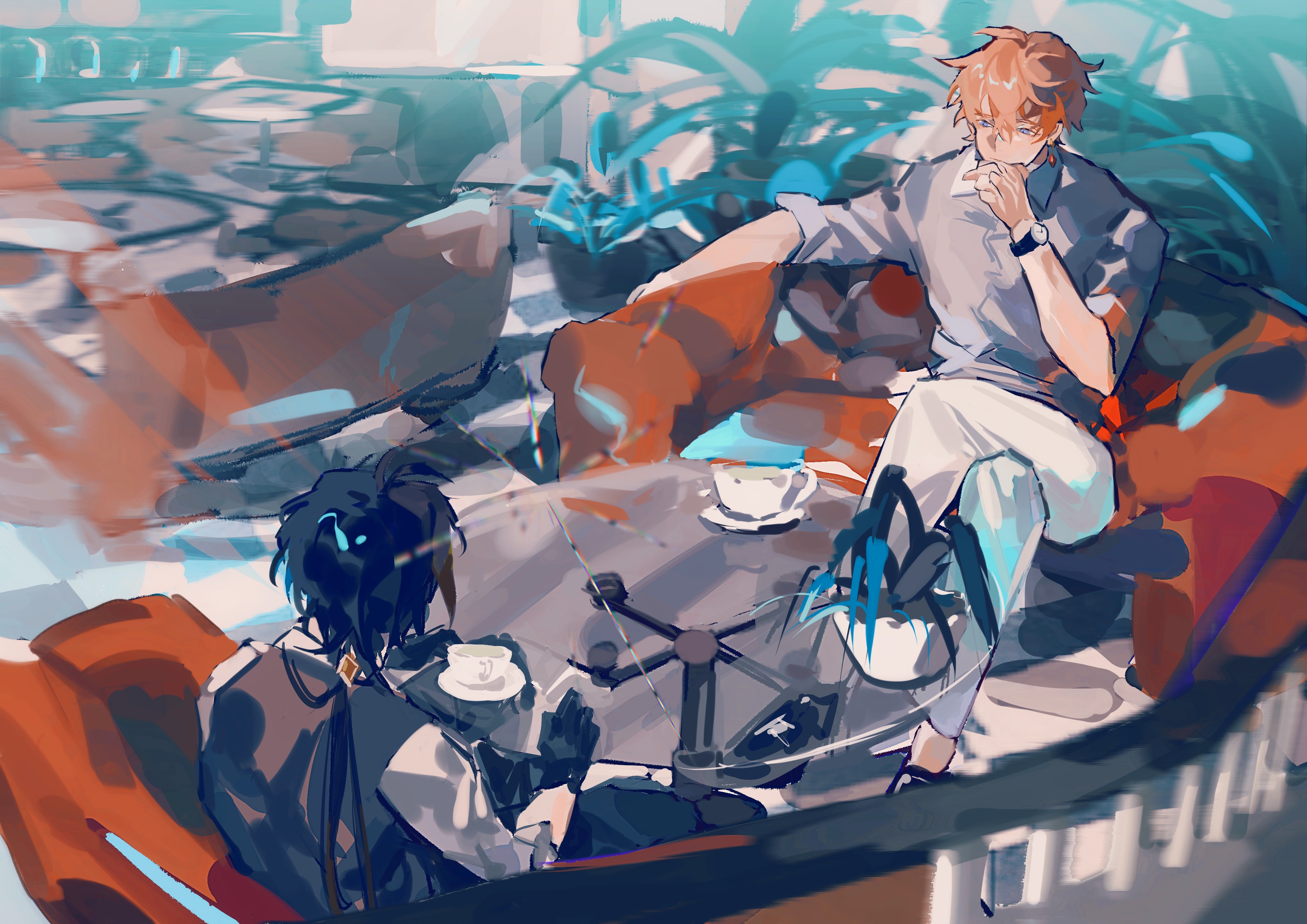 Tartaglia and Zhongli from Genshin Impact at a cafe HD Wallpaper