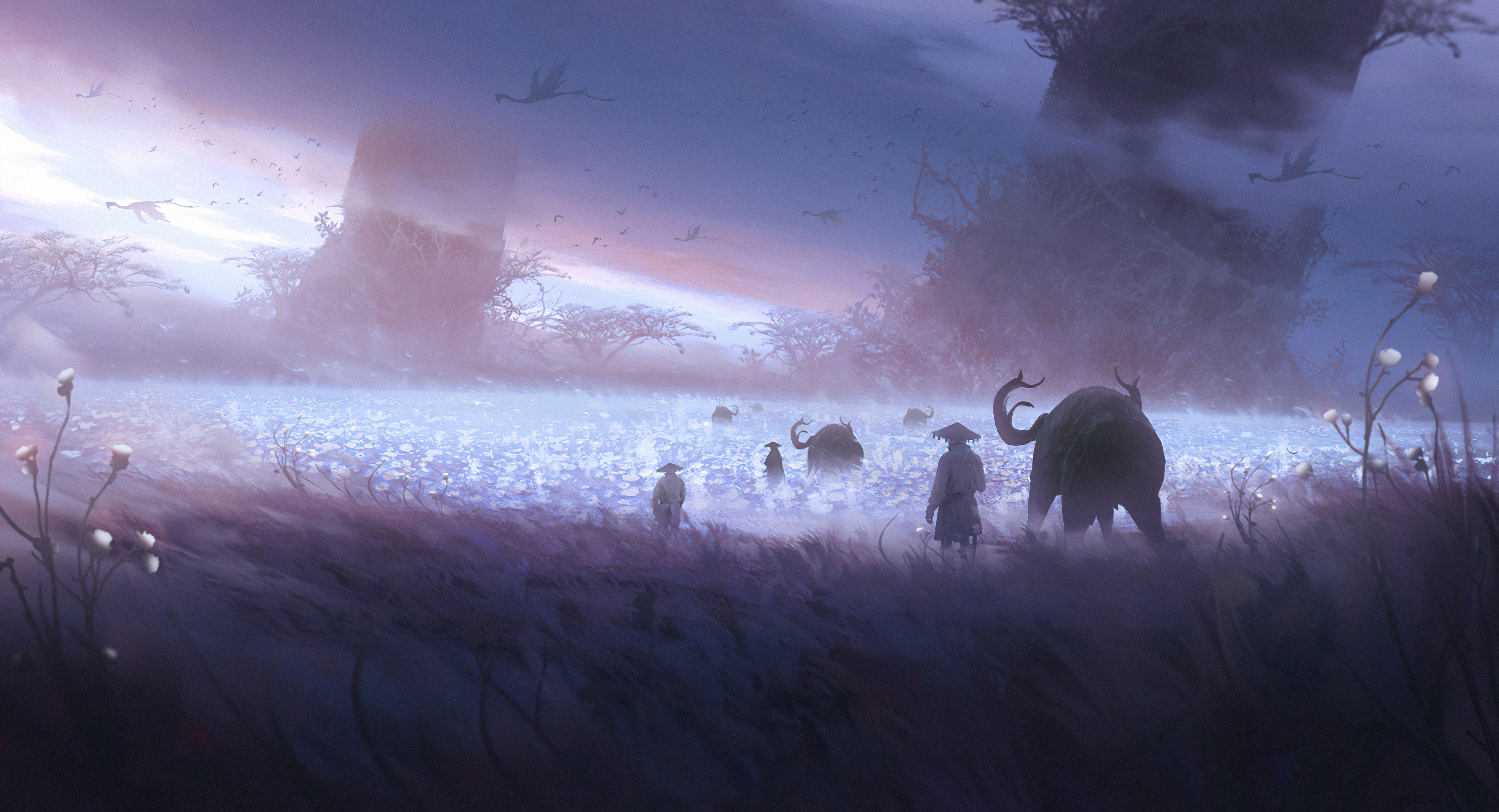 Fantasy creatures and people in a misty landscape 4K HD Wallpaper