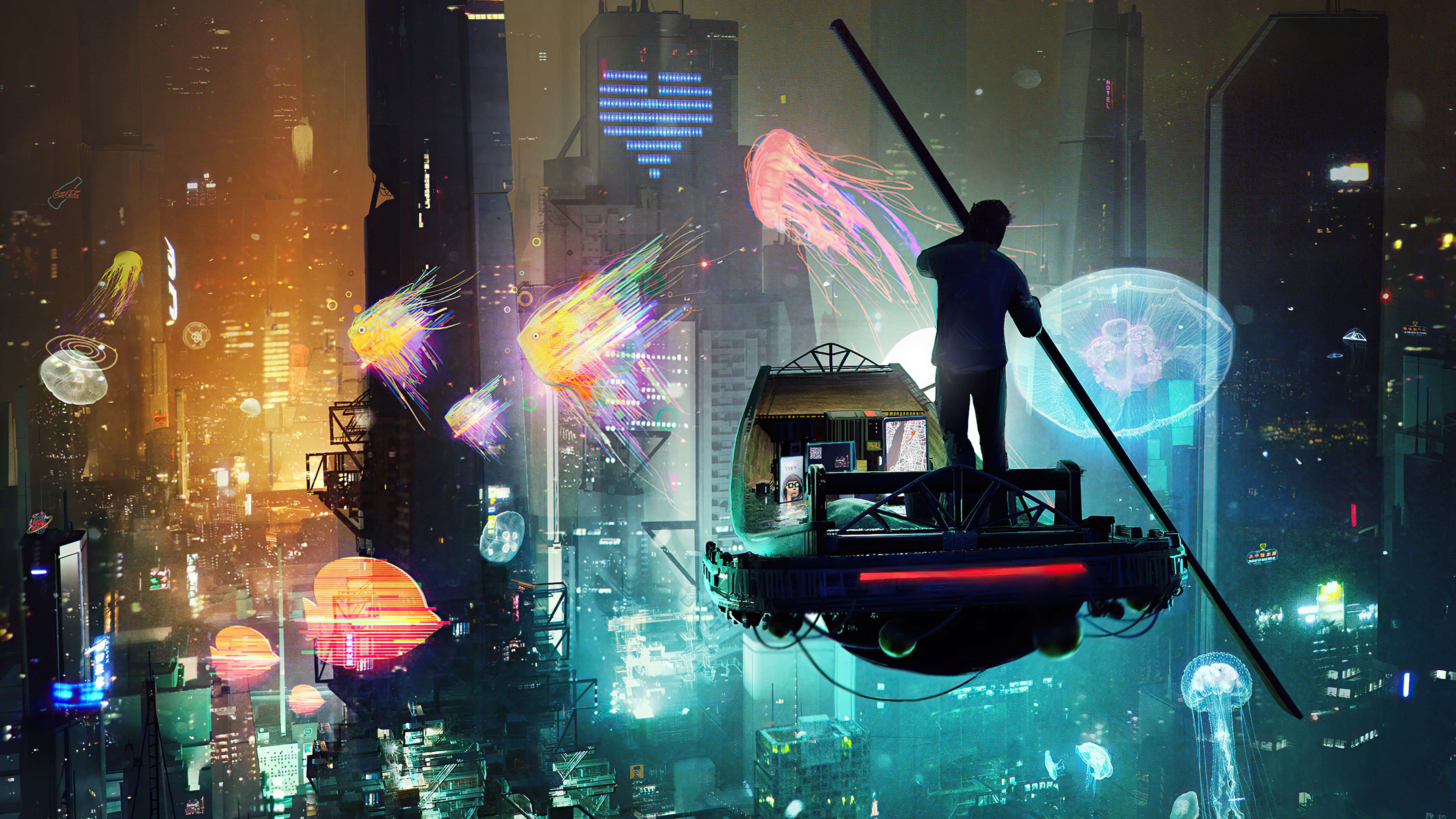 Sci Fi Futuristic City with Floating Jellyfish and Vehicle HD Wallpaper