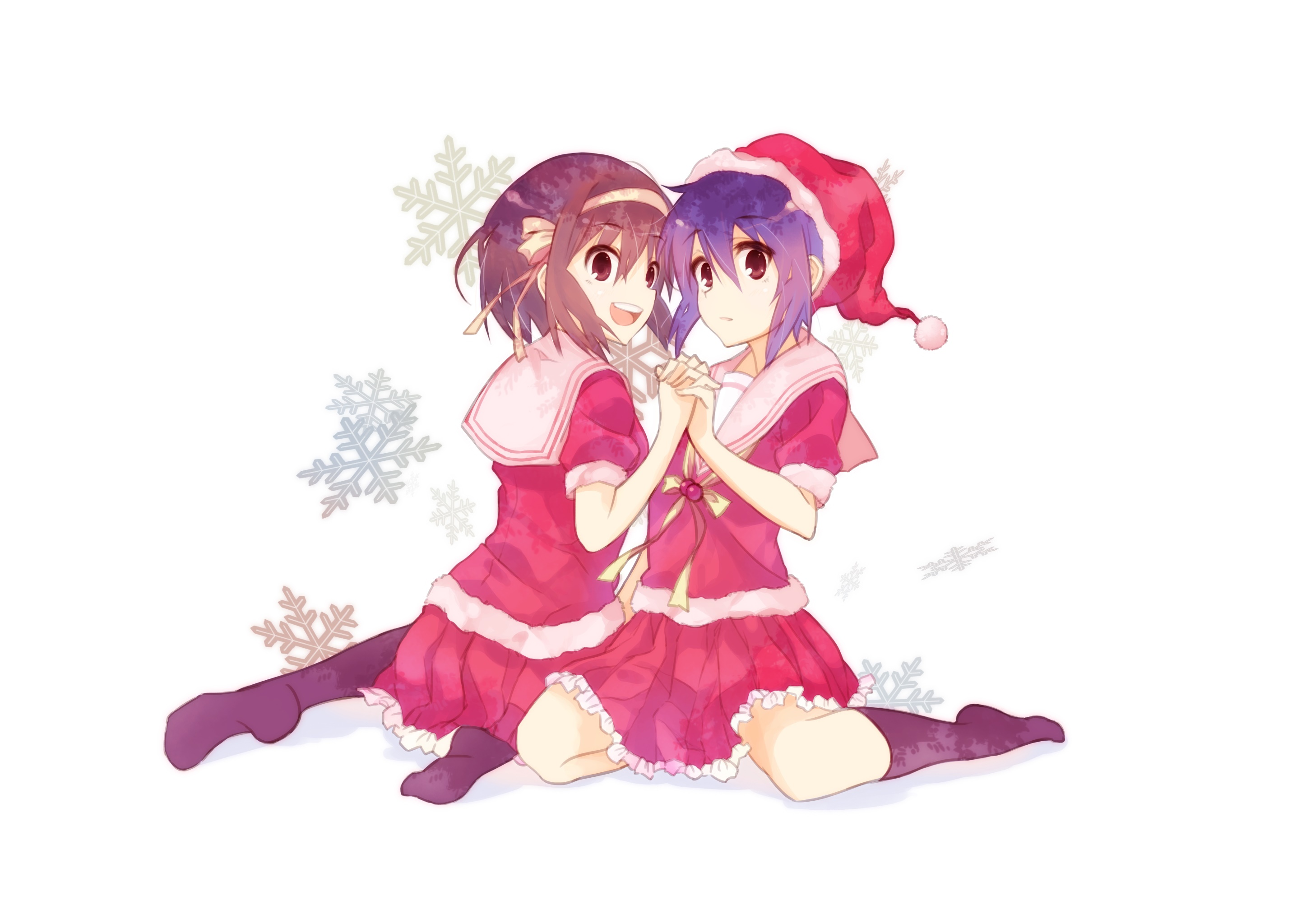 Haruhi Suzumiya and Yuki Nagato in Christmas Outfits HD Wallpaper