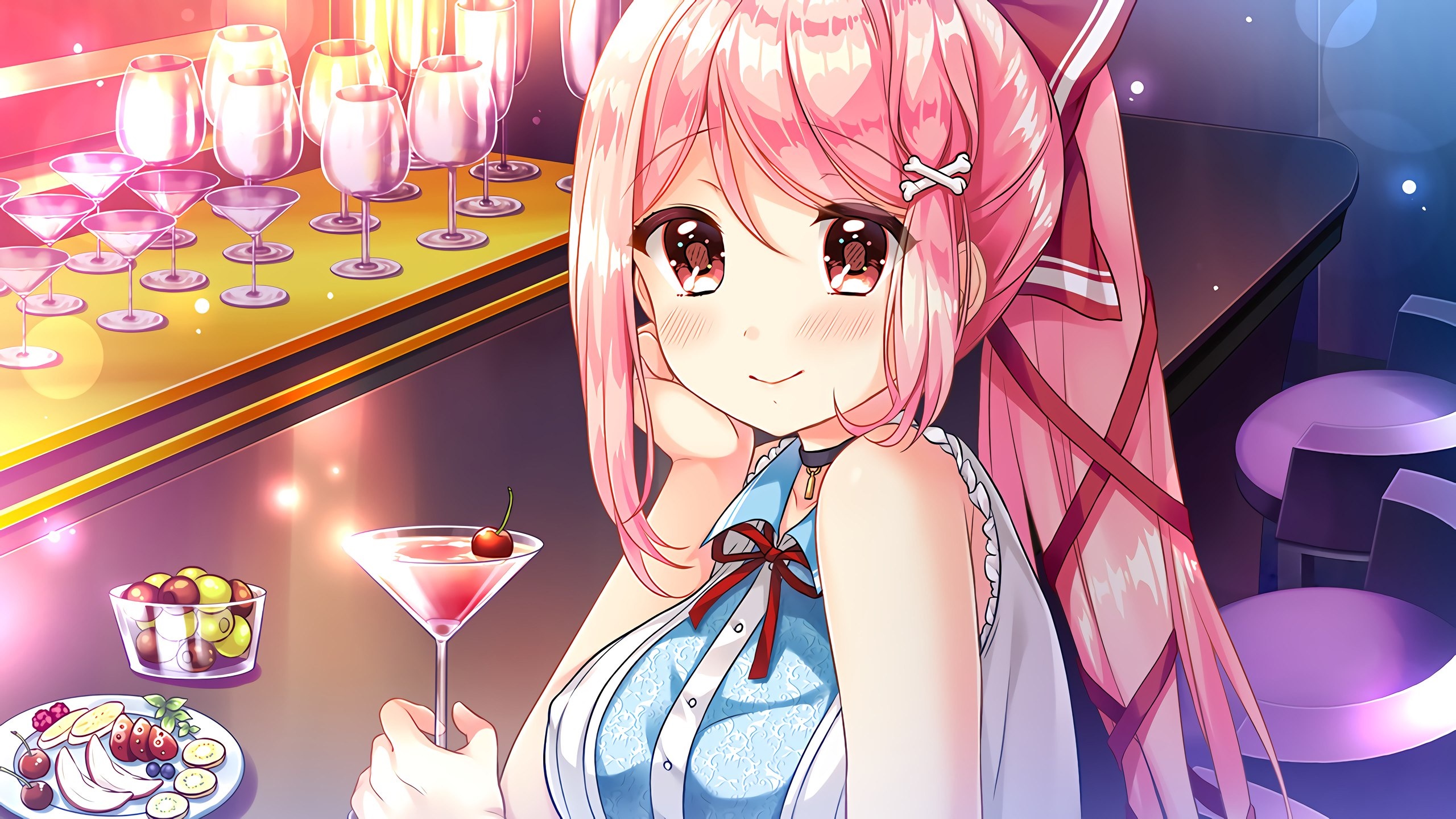 Anime girl with pink hair at a bar HD Wallpaper