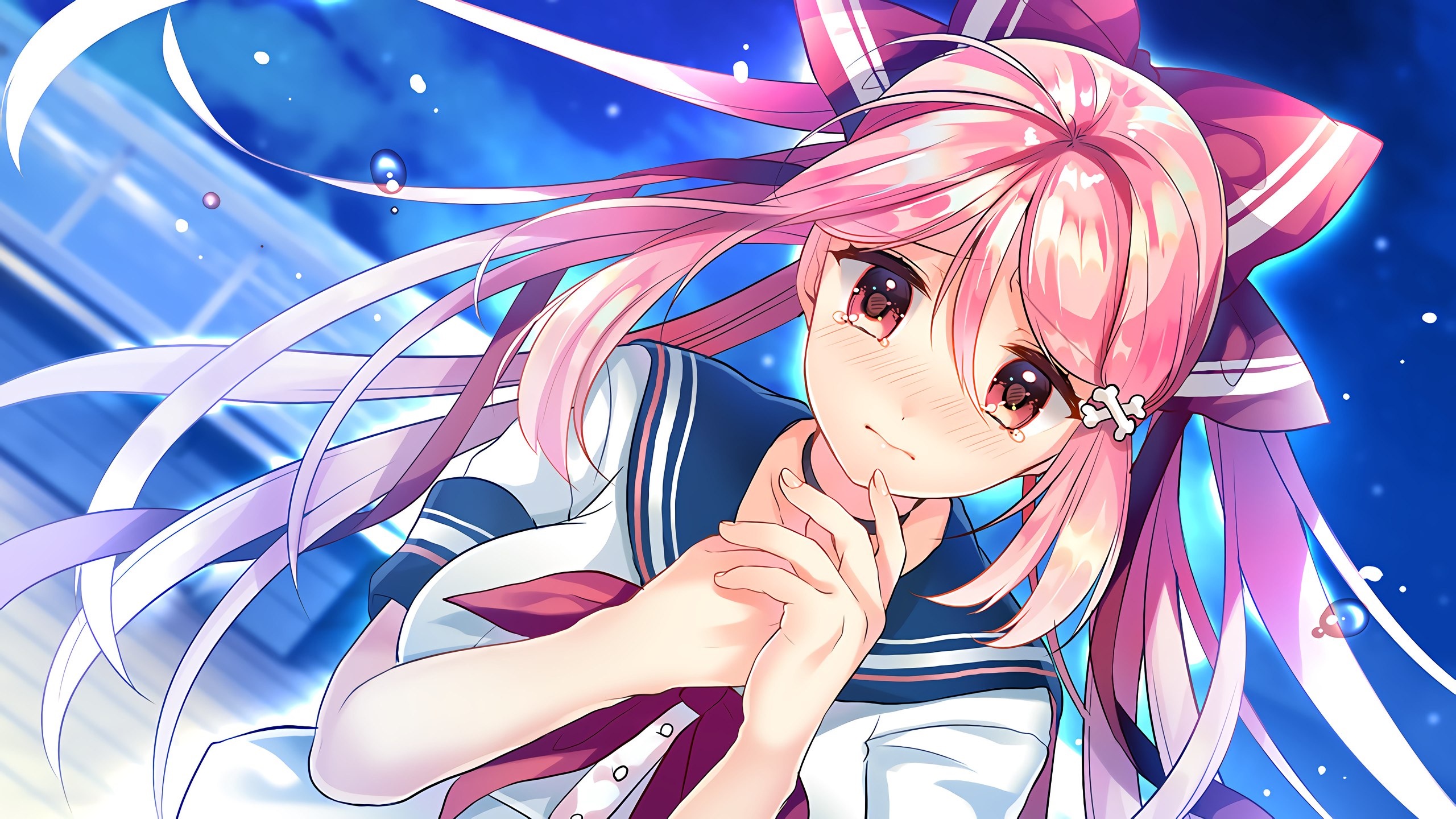 Anime girl with pink hair in school uniform HD Wallpaper
