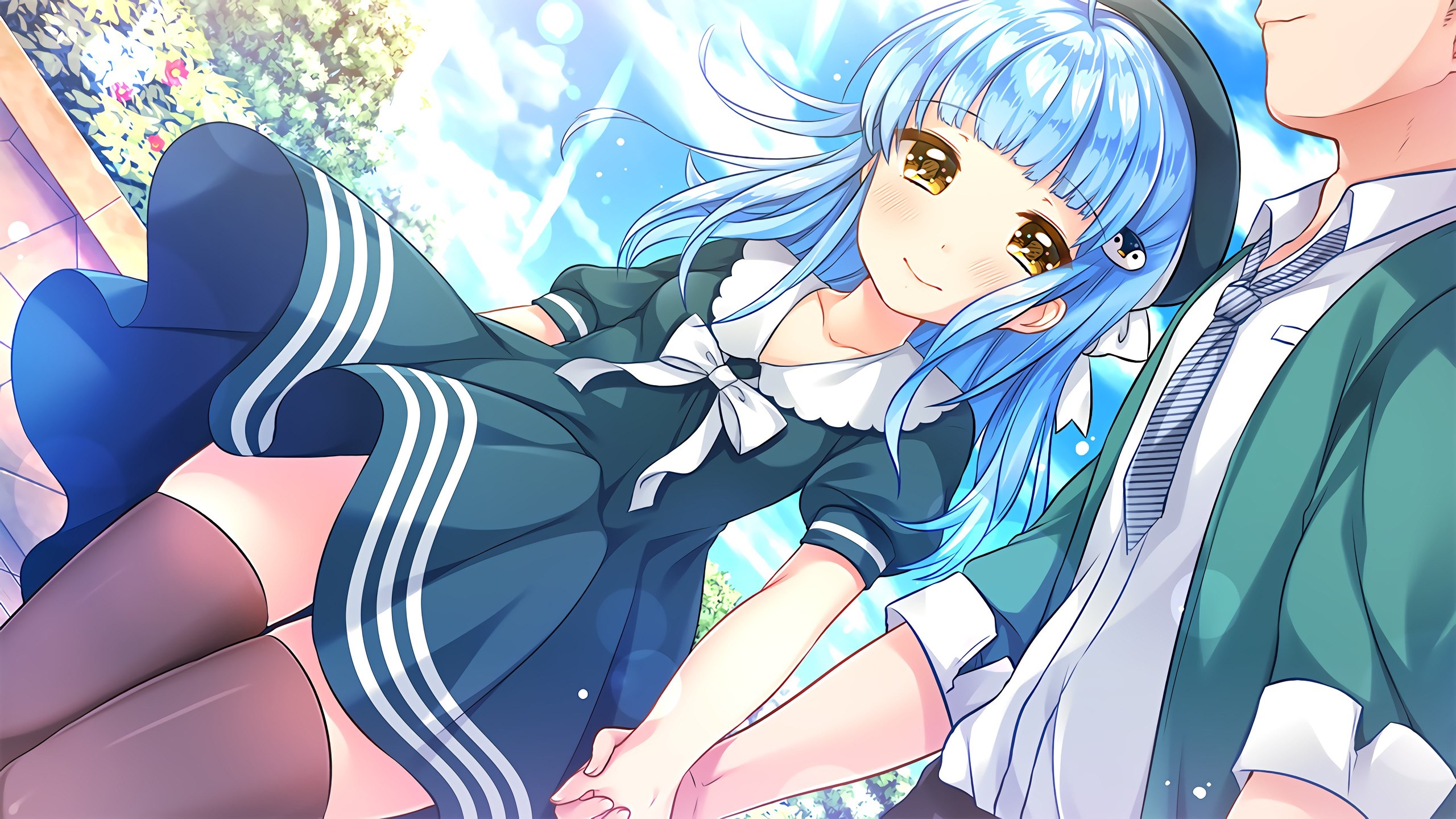 Anime girl with blue hair holding hands with a man HD Wallpaper