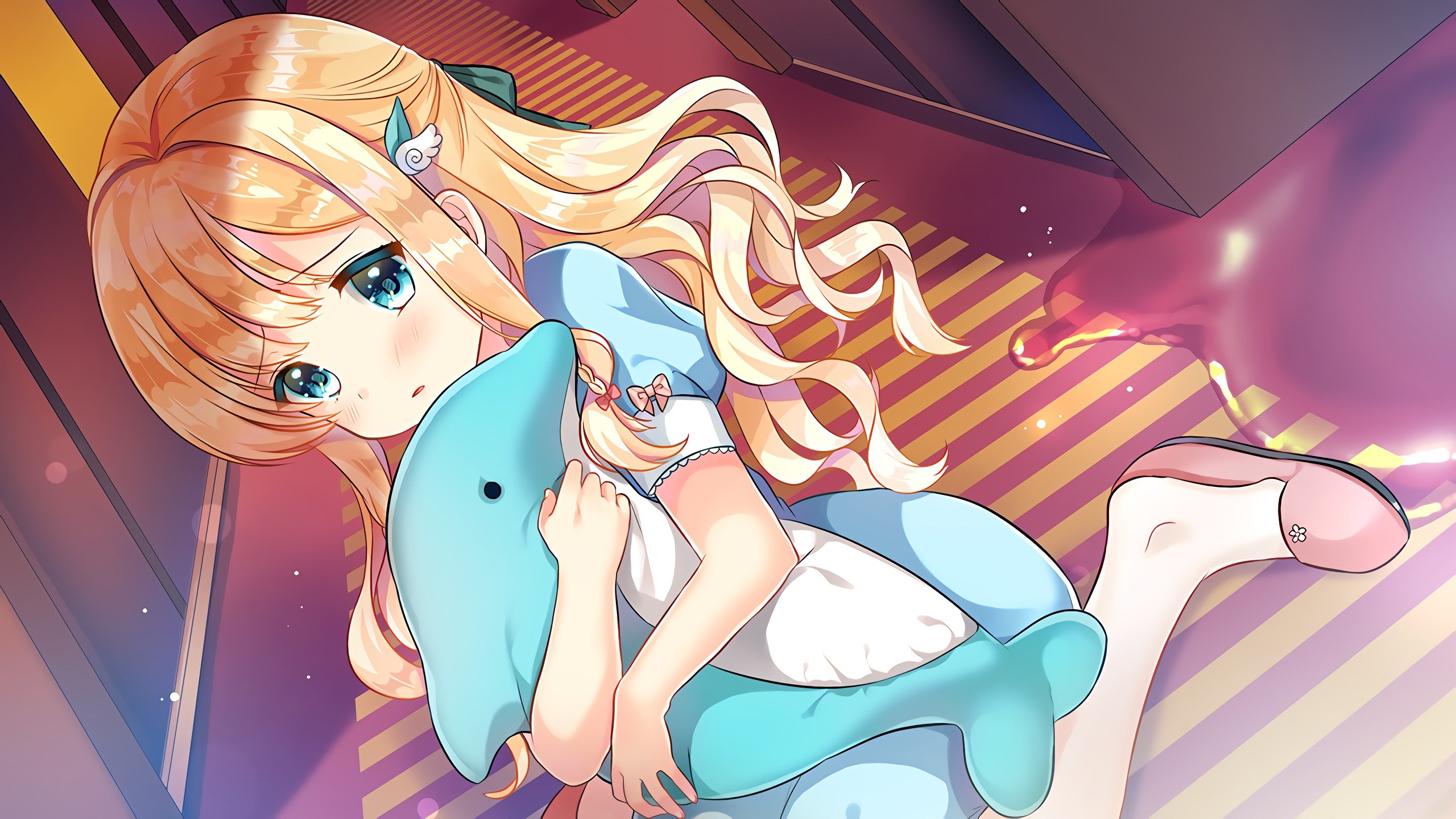 Girl holding a dolphin plush toy HD Wallpaper