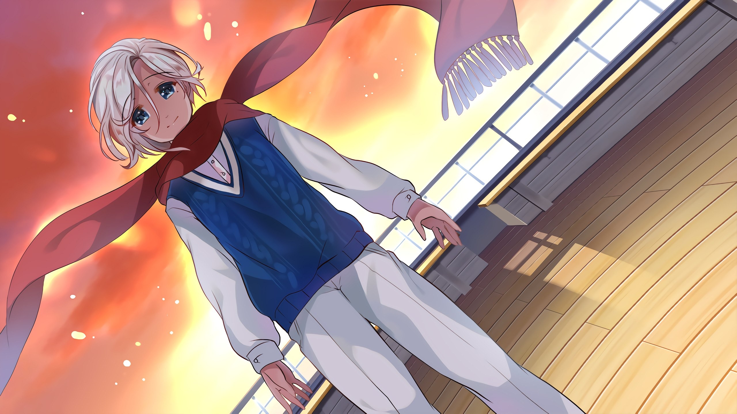 Boy with white hair and red scarf HD Wallpaper
