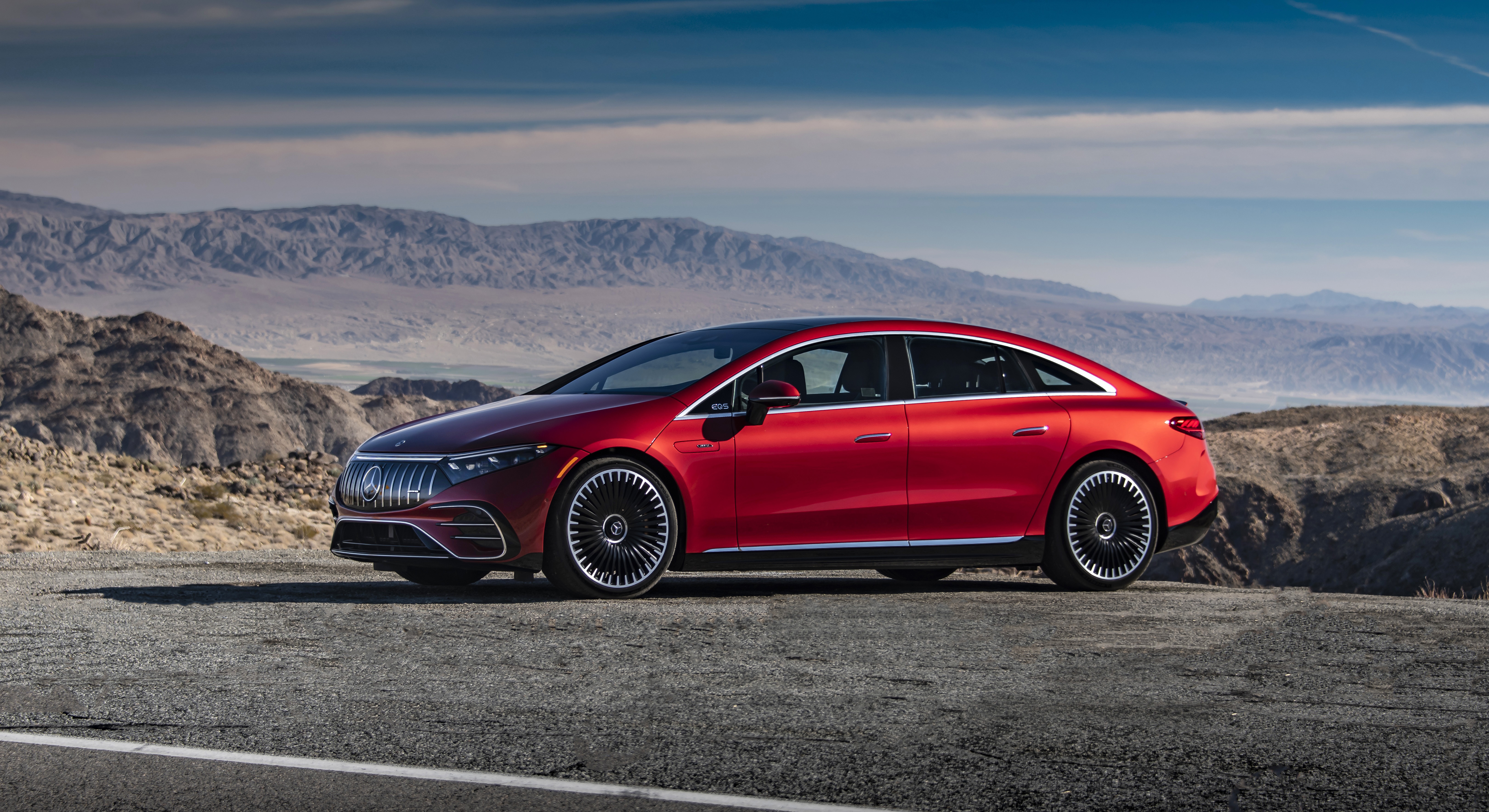 Red Mercedes-AMG EQS 53 4MATIC Electric Car in Desert Landscape HD Wallpaper