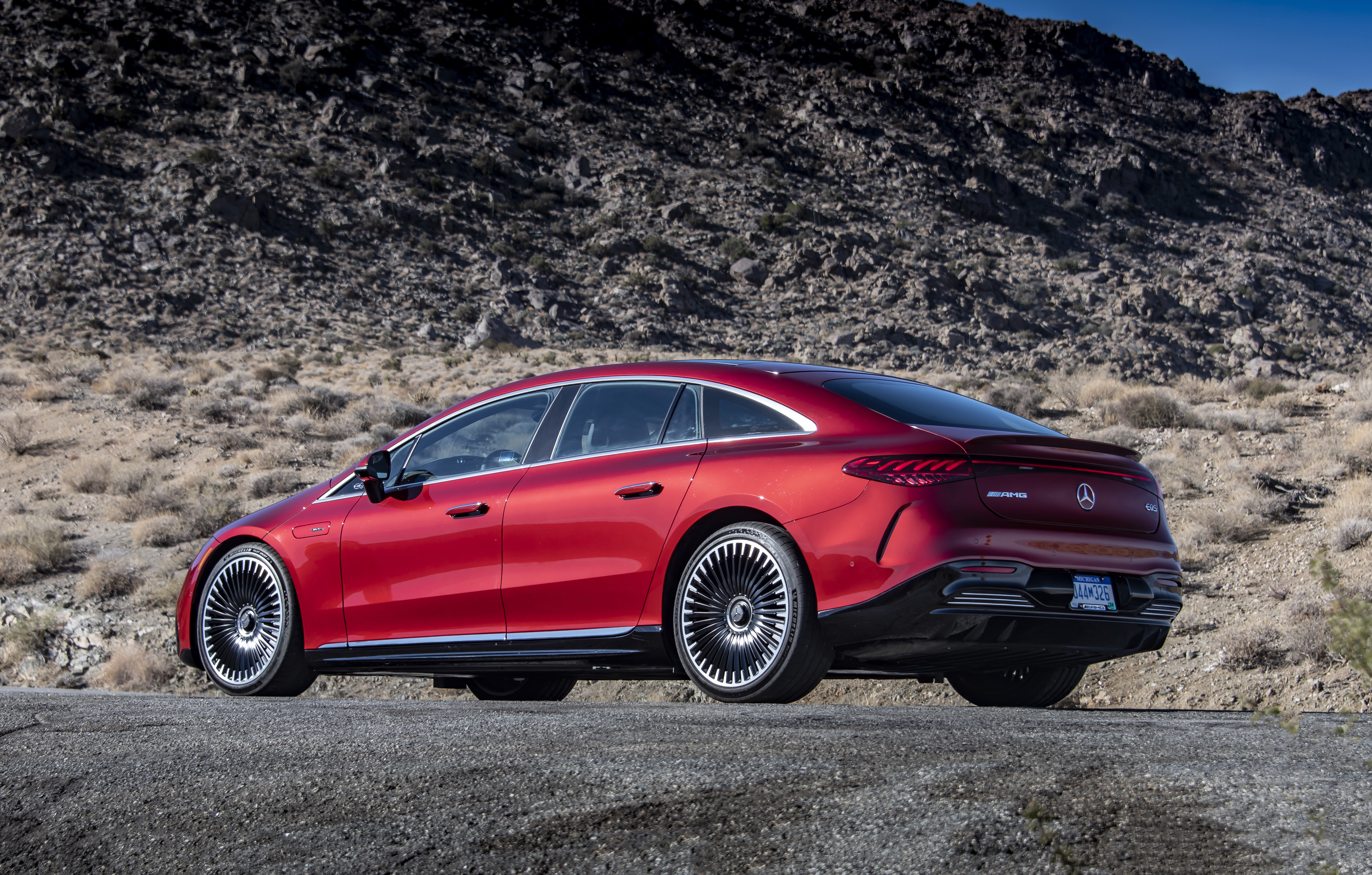 Mercedes-AMG EQS 53 4MATIC in a desert landscape HD Wallpaper
