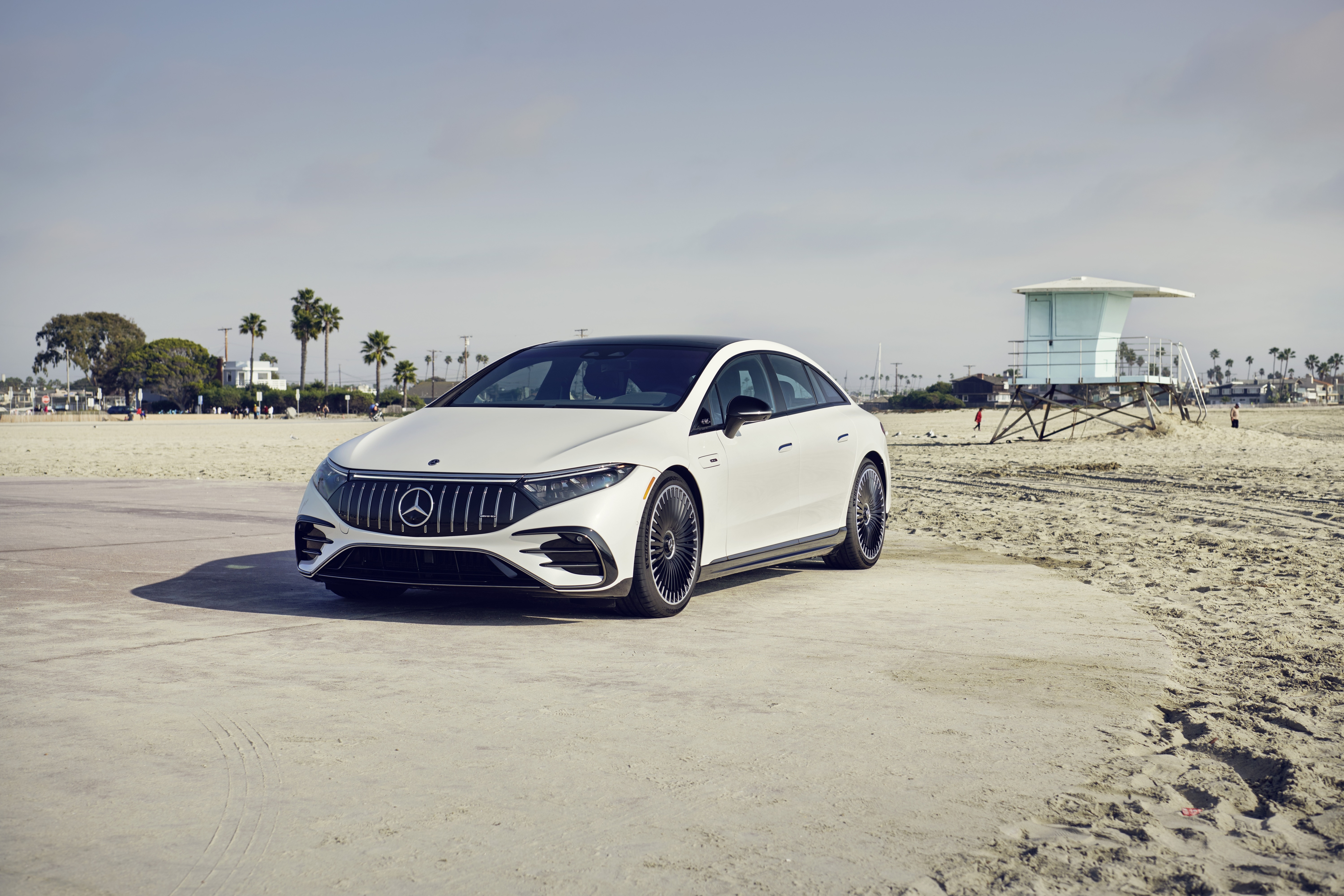 White Mercedes-AMG EQS 53 4MATIC Sedan on Beach HD Wallpaper