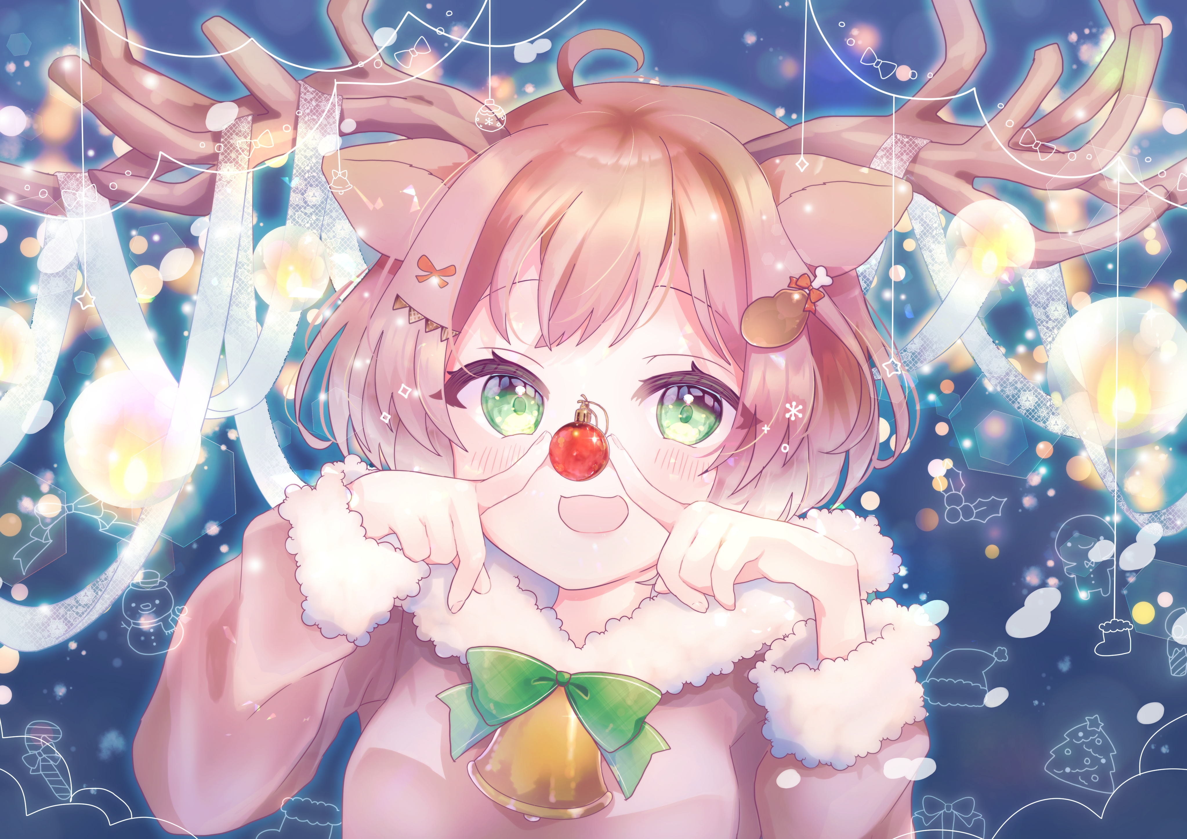 Girl with reindeer antlers and Christmas decorations HD Wallpaper