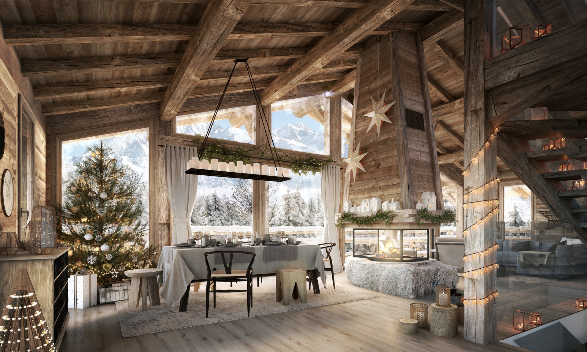Christmas Cabin Interior with Snowy Mountain View HD Wallpaper