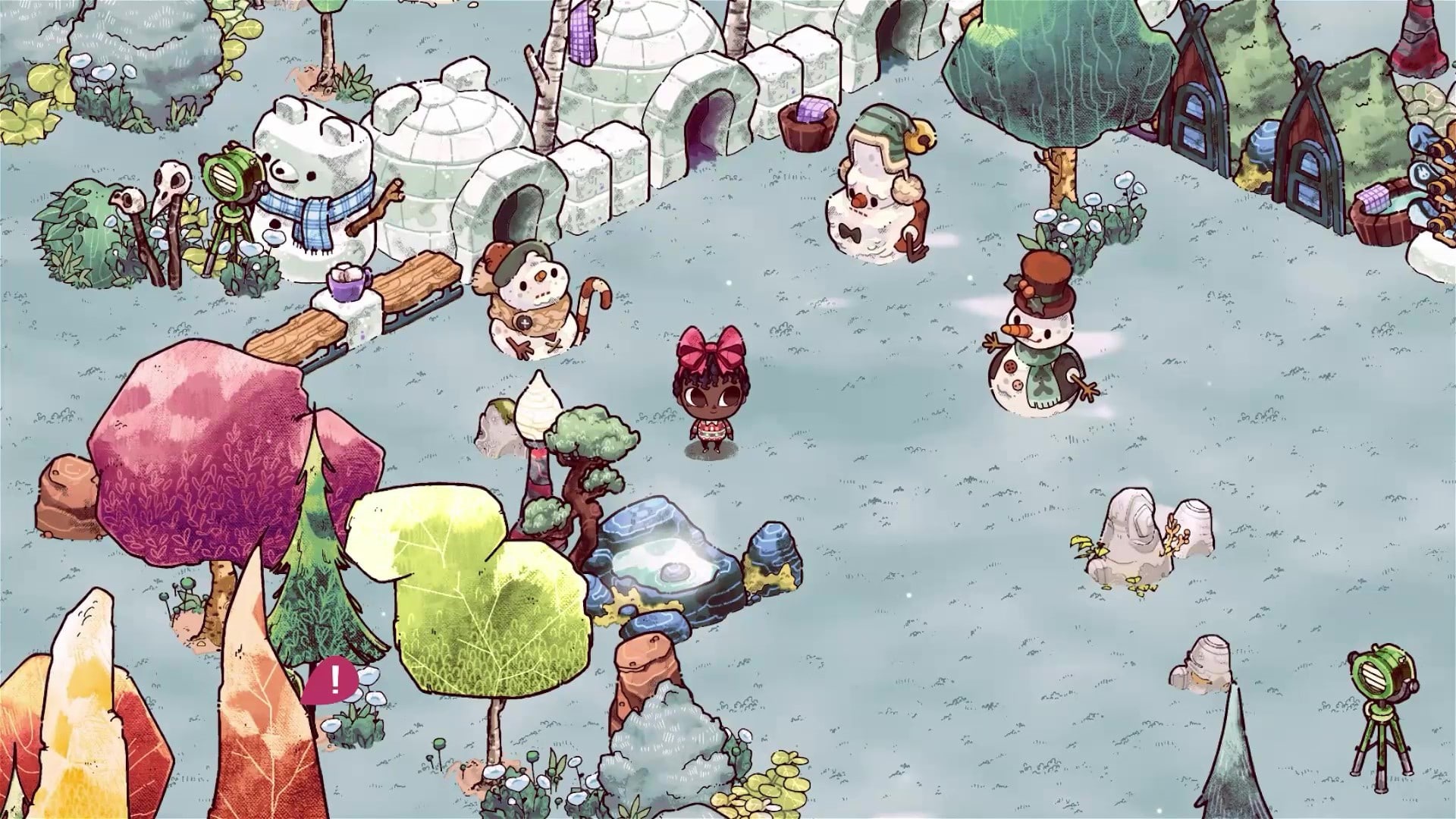 Cozy Grove snow village with characters HD Wallpaper