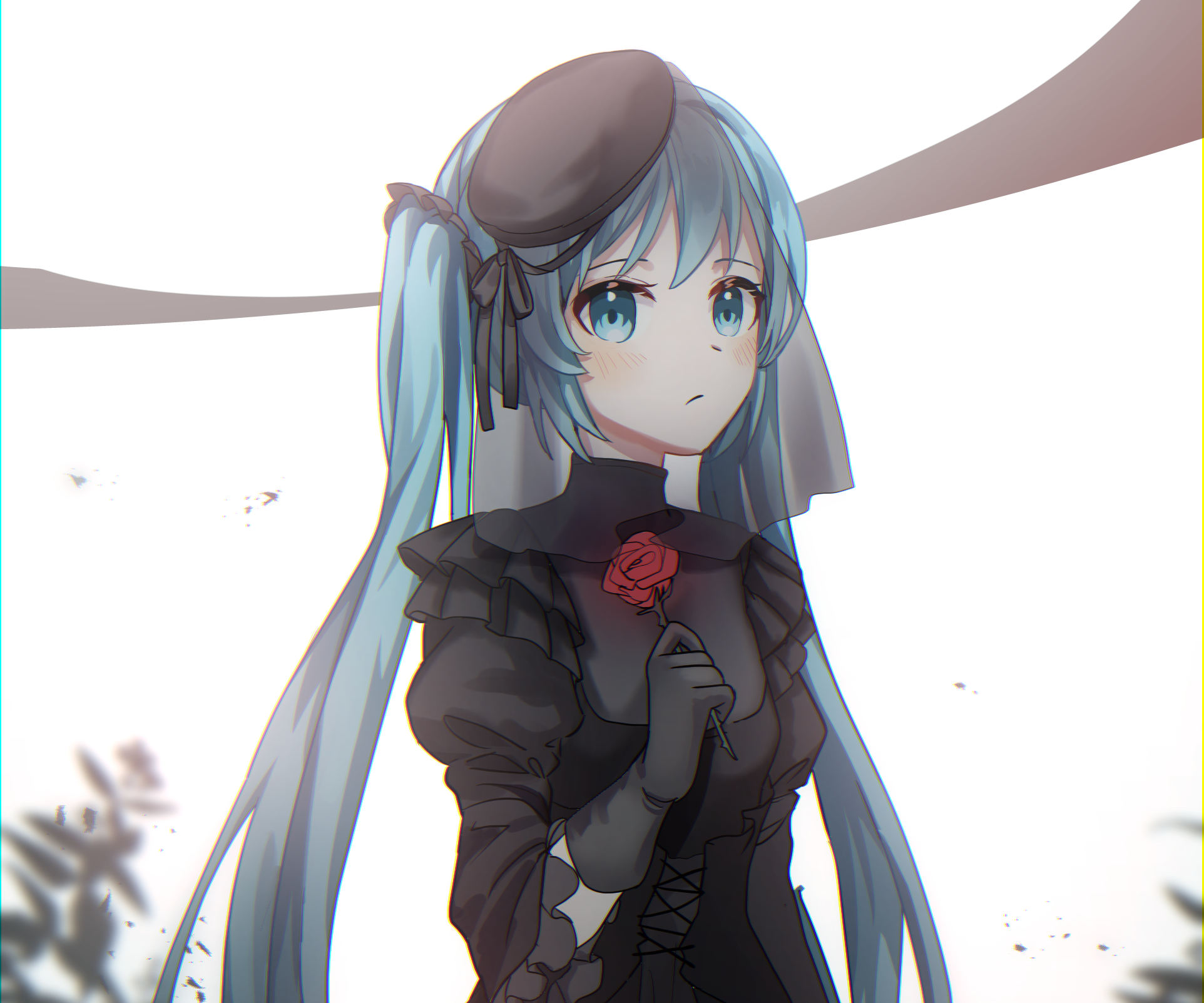Hatsune Miku in a black dress holding a rose HD Wallpaper