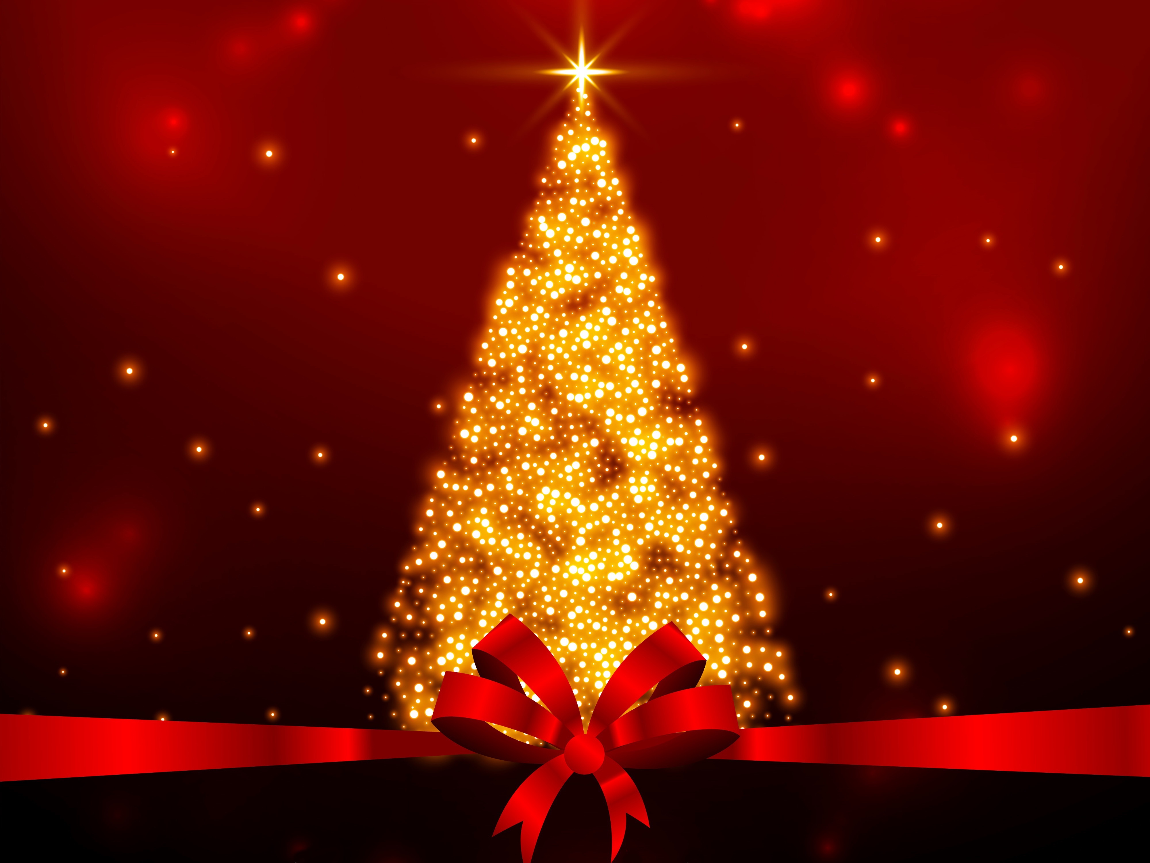 Christmas Tree with Red Ribbon and Bow HD Wallpaper