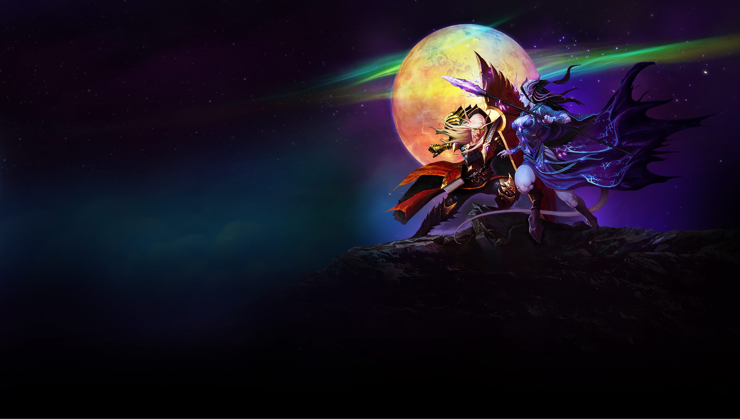 Two characters from World of Warcraft in front of a large moon HD Wallpaper