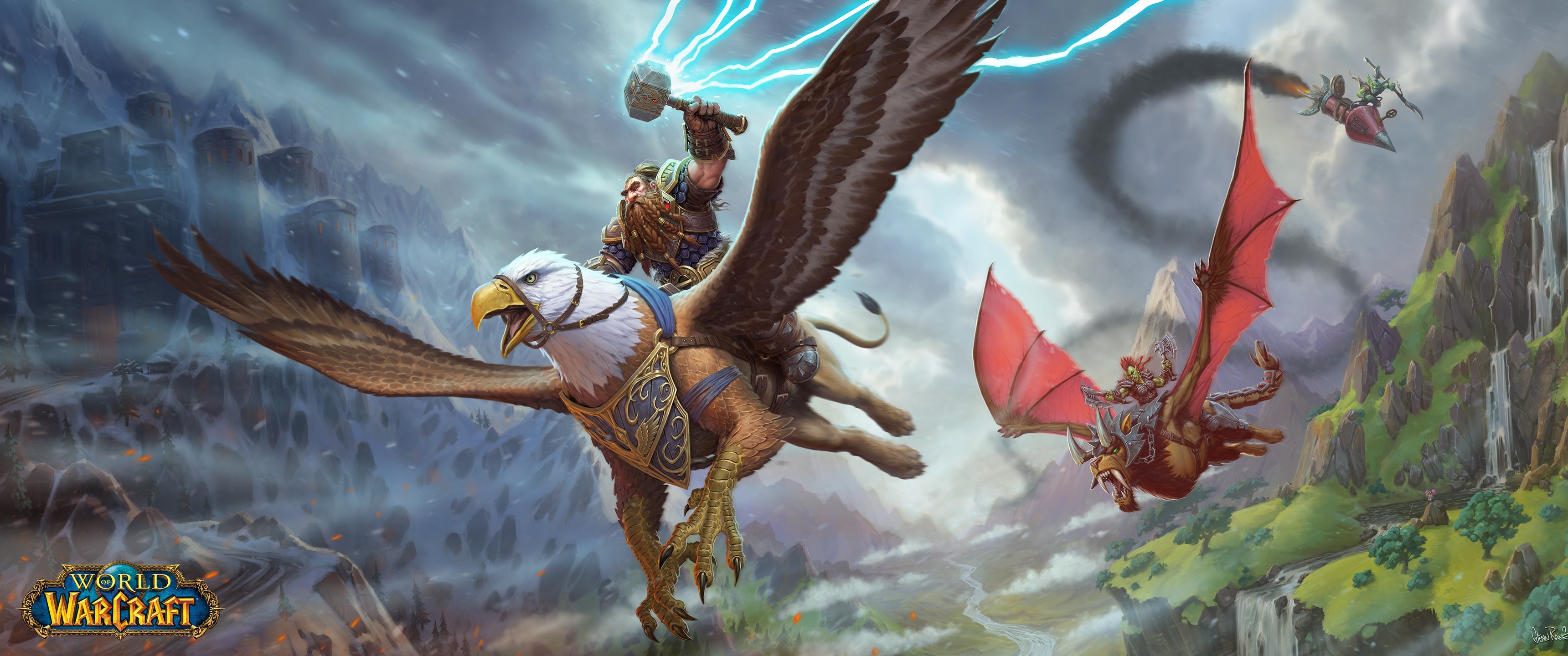 Dwarf riding a griffin in World of Warcraft HD Wallpaper