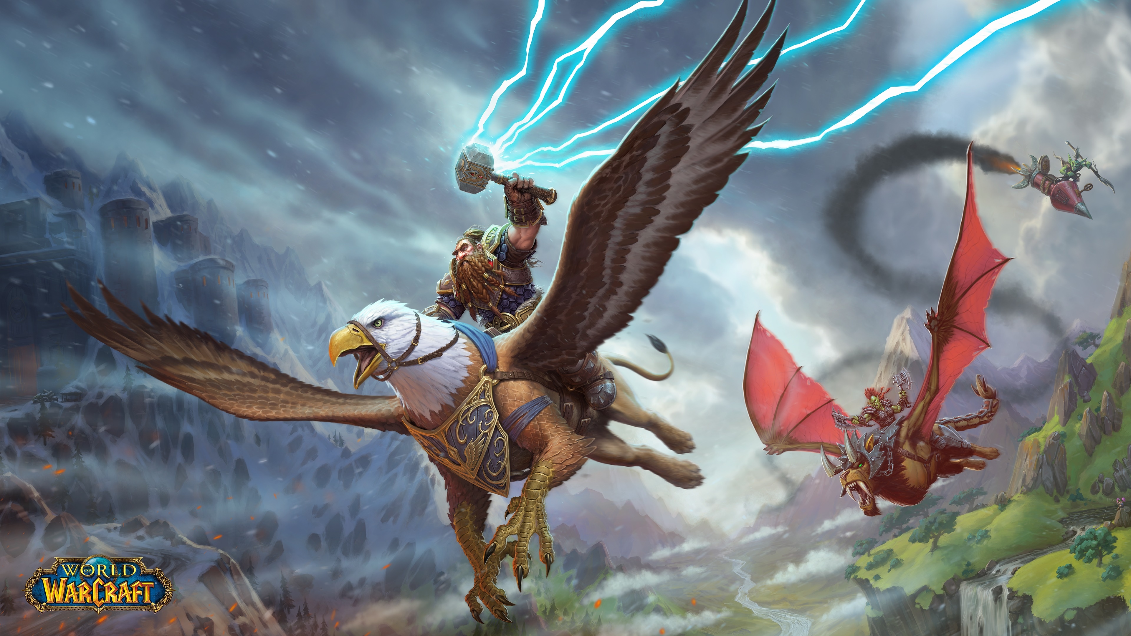 Dwarf riding a griffin in World of Warcraft 4K HD Wallpaper