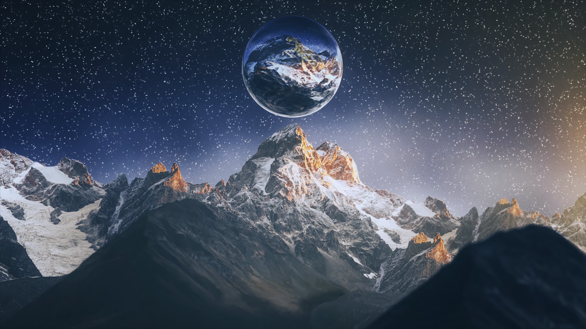 Planet above snowy mountains under starry sky HD Wallpaper