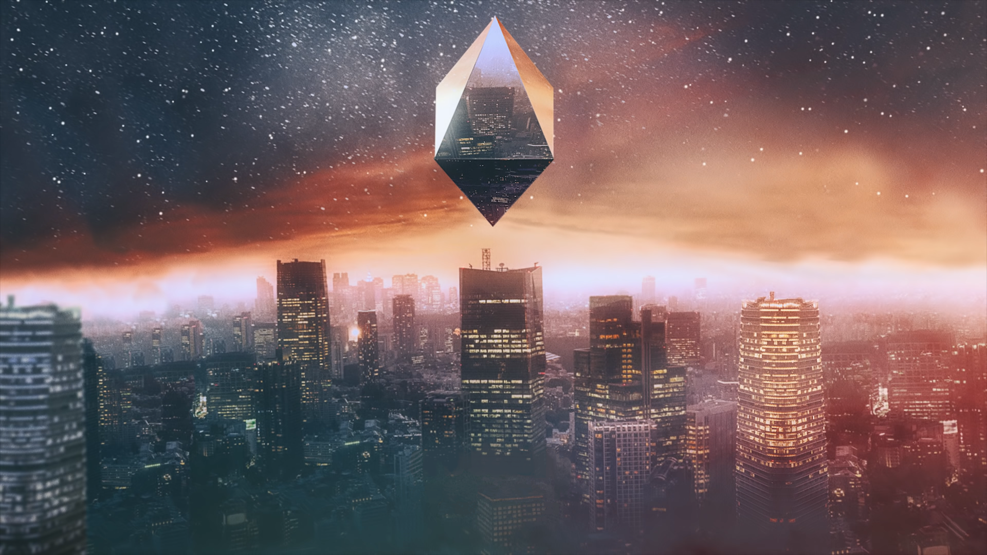 Geometric object above a city at night HD Wallpaper