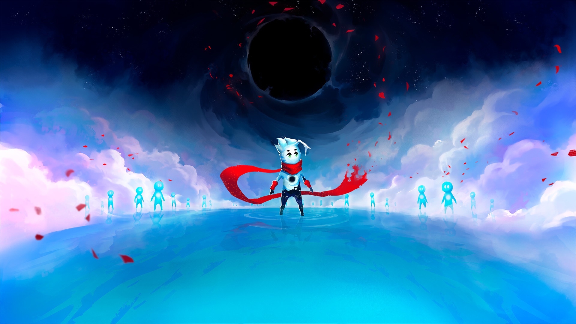 Character with red scarf in front of black hole HD Wallpaper