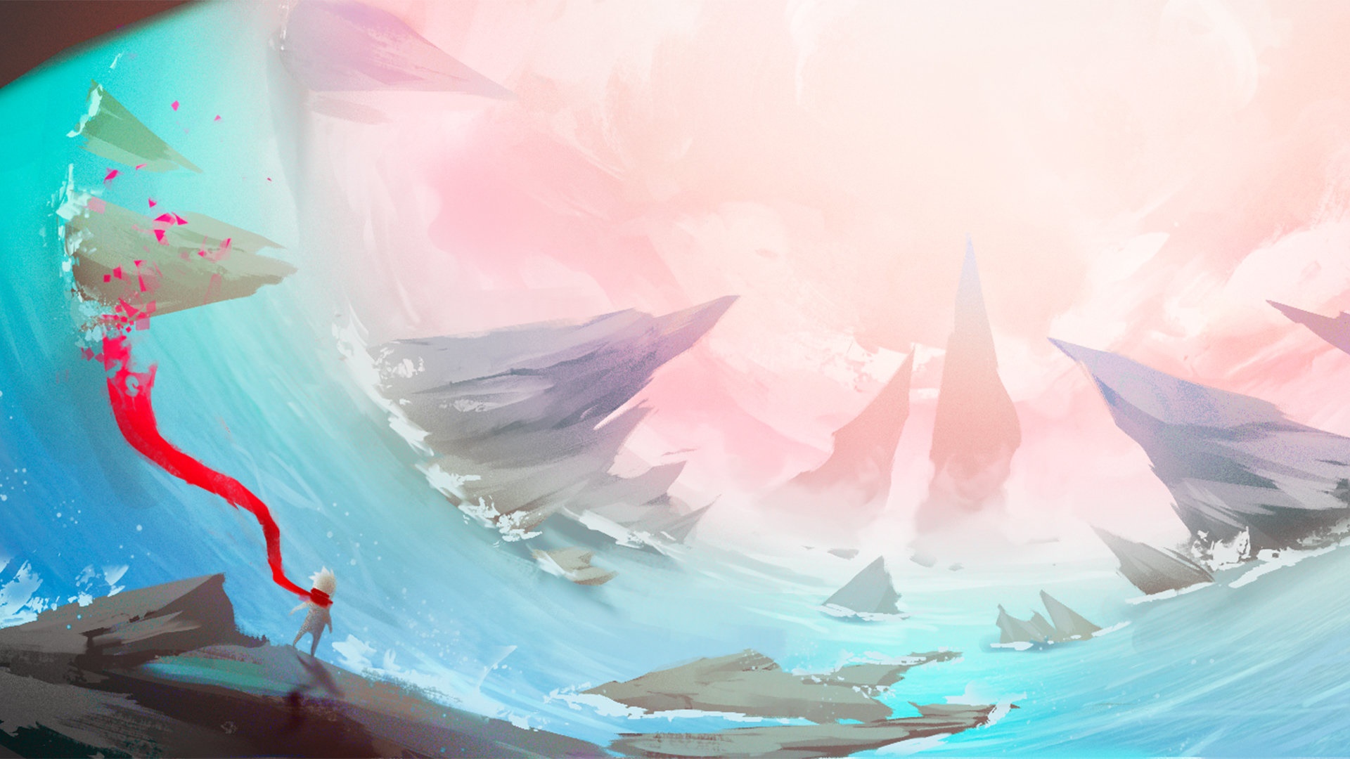 Girl with red scarf in a surreal landscape HD Wallpaper
