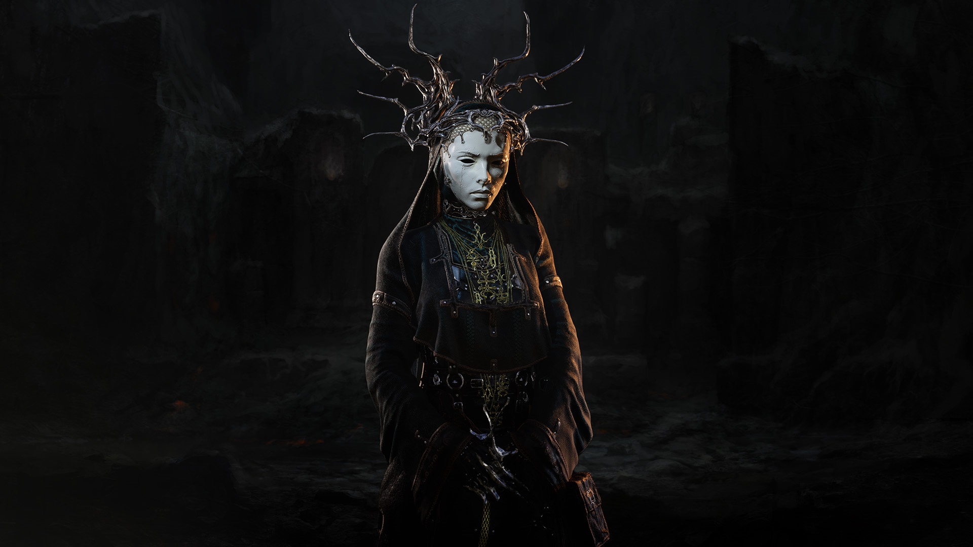 Woman with elaborate headdress and dark robes HD Wallpaper