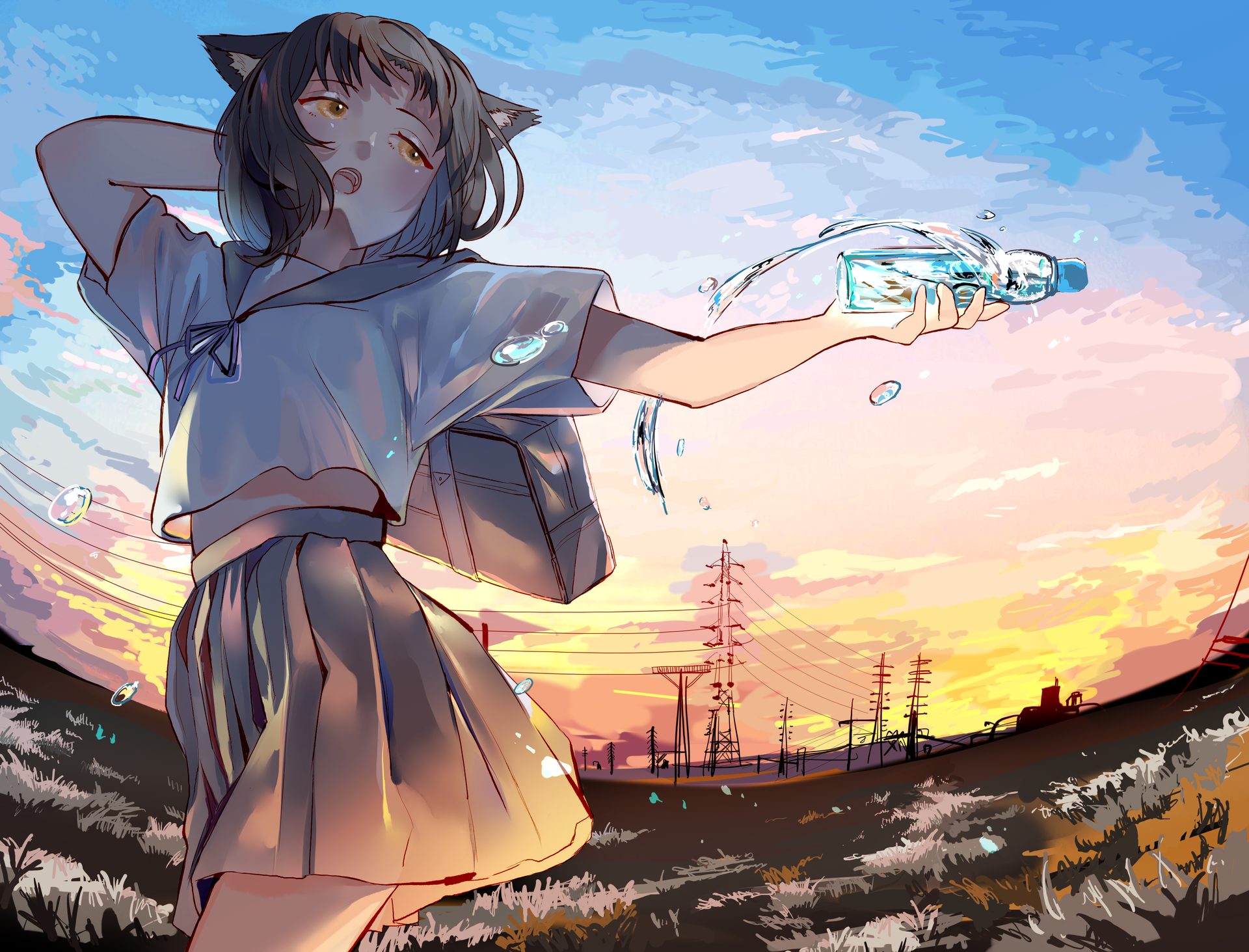 Anime girl with cat ears in school uniform holding a water bottle HD Wallpaper