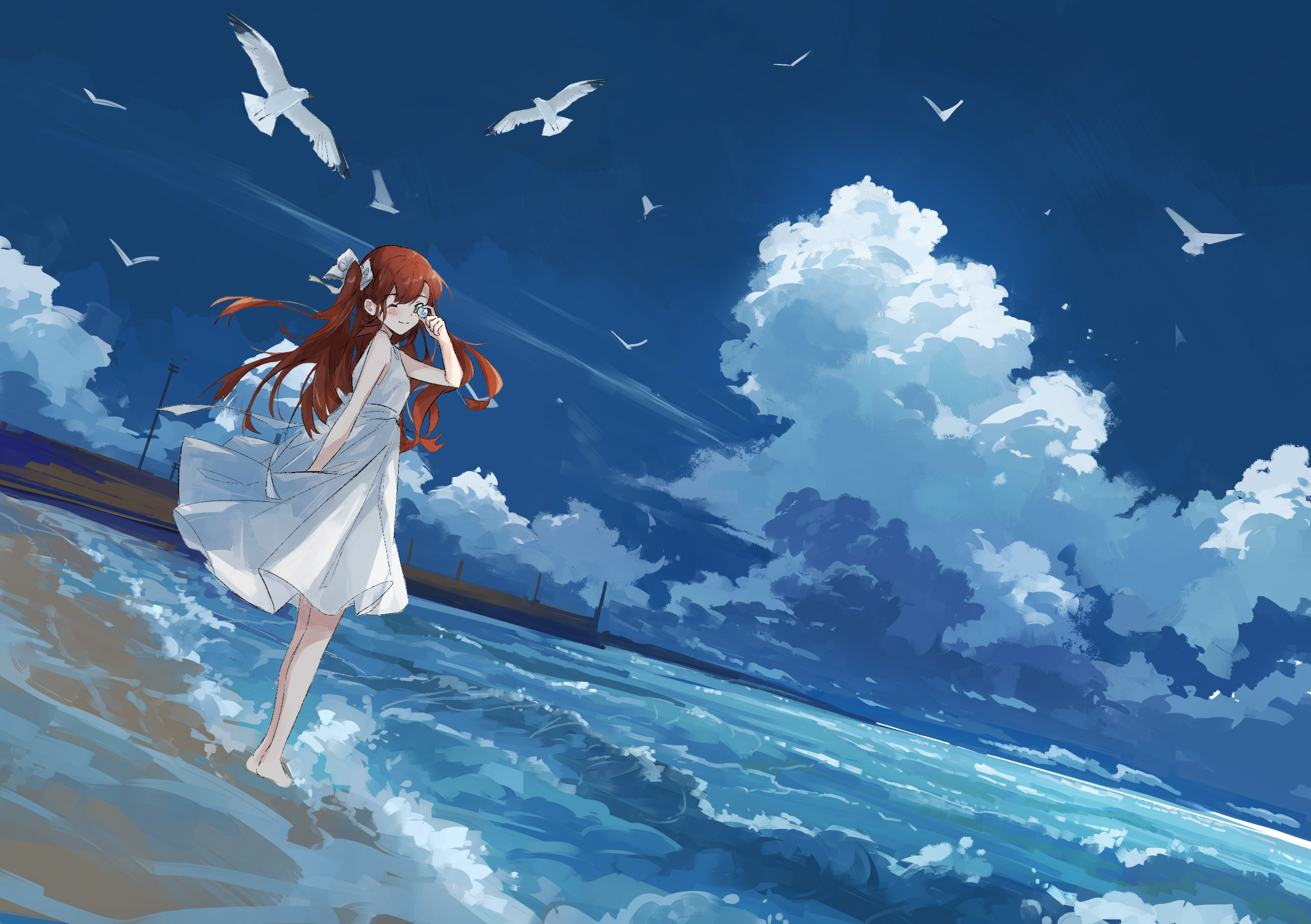 Girl in white dress by the sea with seagulls HD Wallpaper