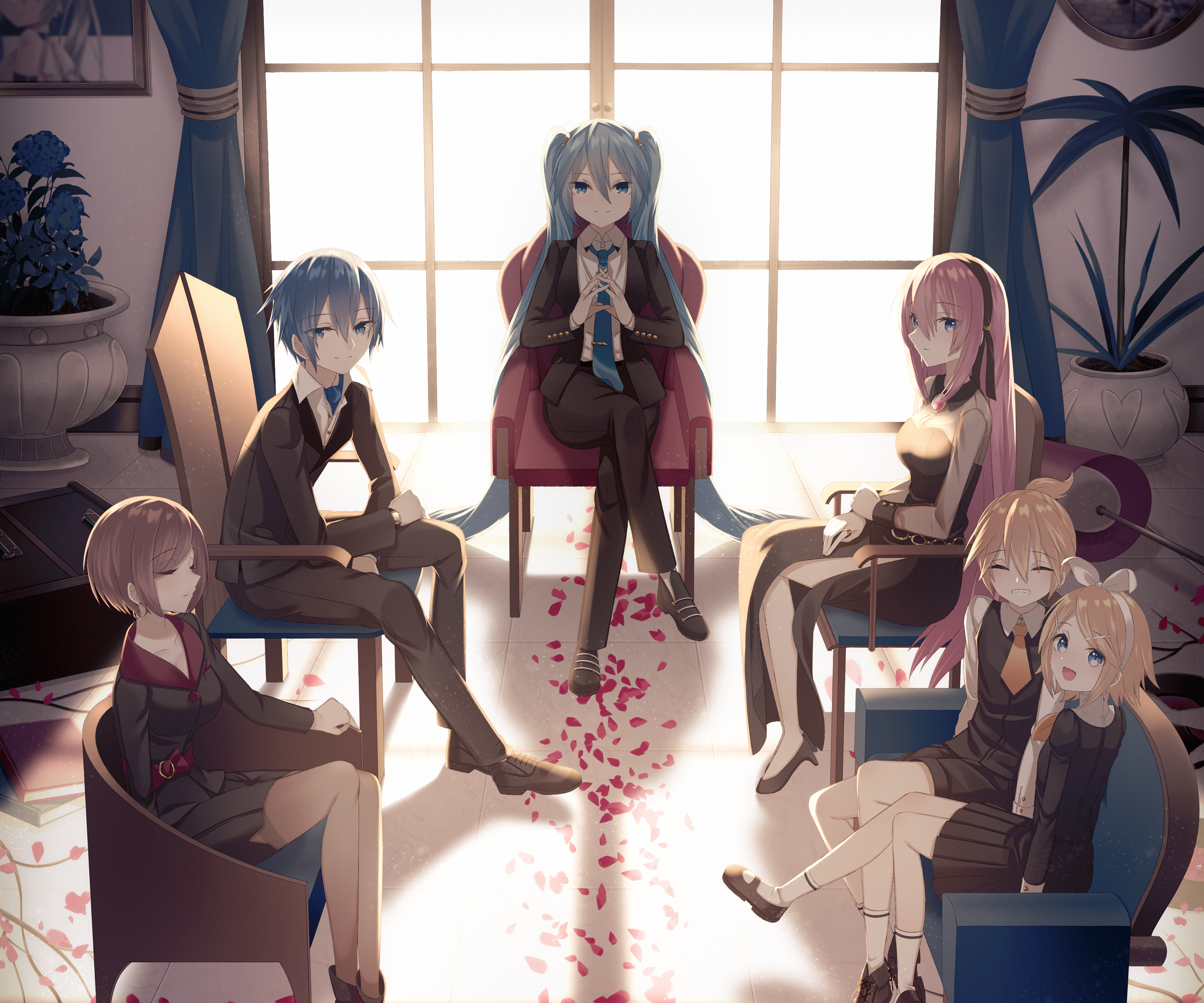 Vocaloid characters in formal attire in a room HD Wallpaper