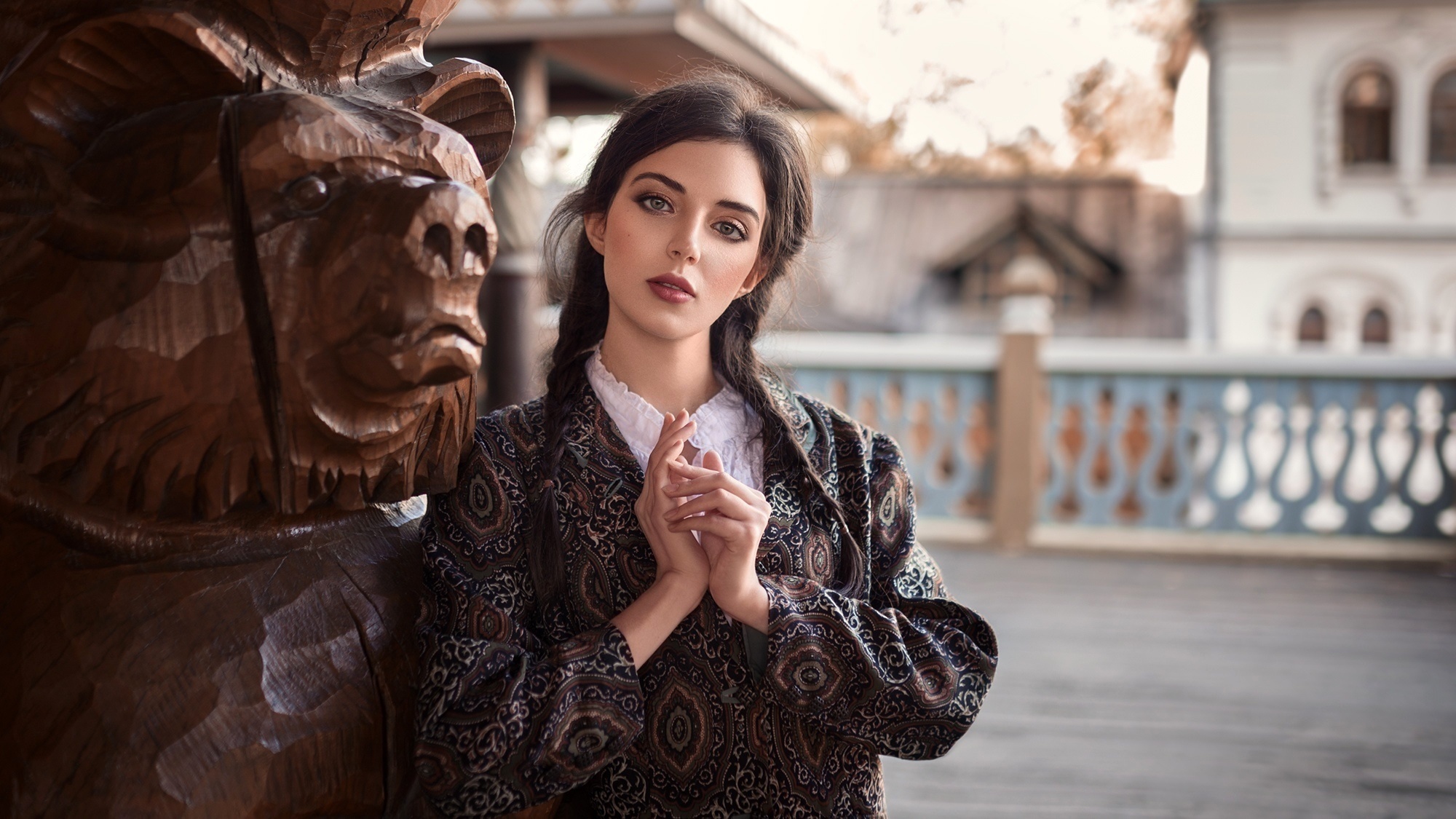 Brunette Model with Braided Hair by Wooden Sculpture HD Wallpaper