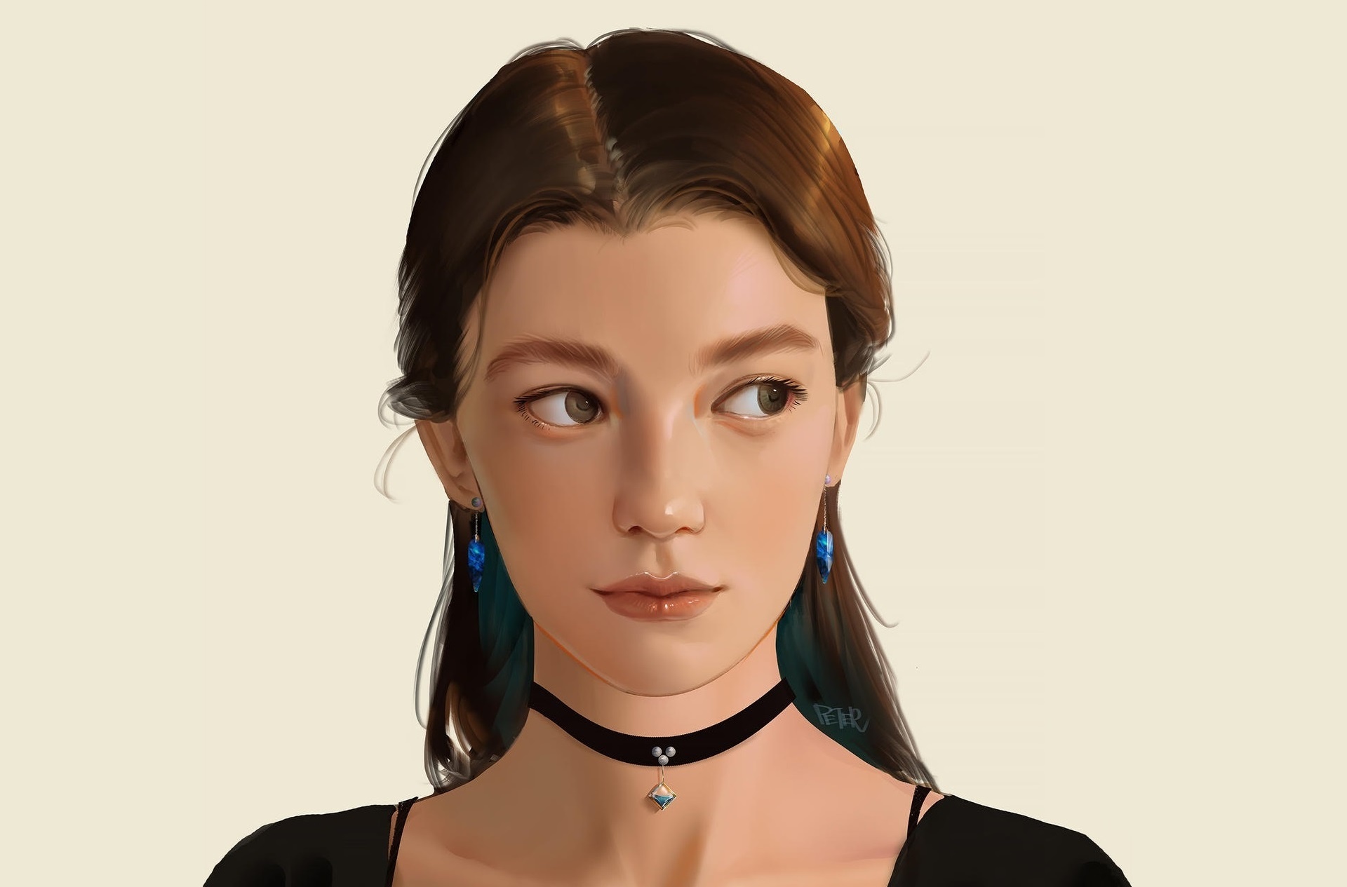 Digital painting of a woman with brown hair HD Wallpaper