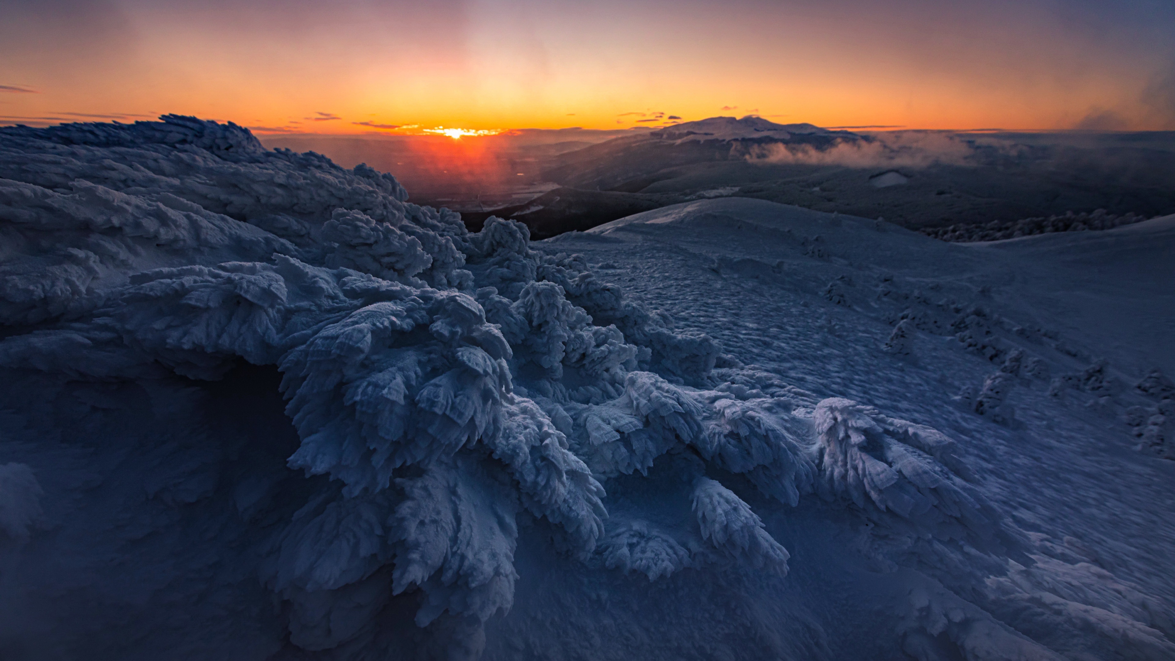 Winter mountain landscape at sunset HD Wallpaper