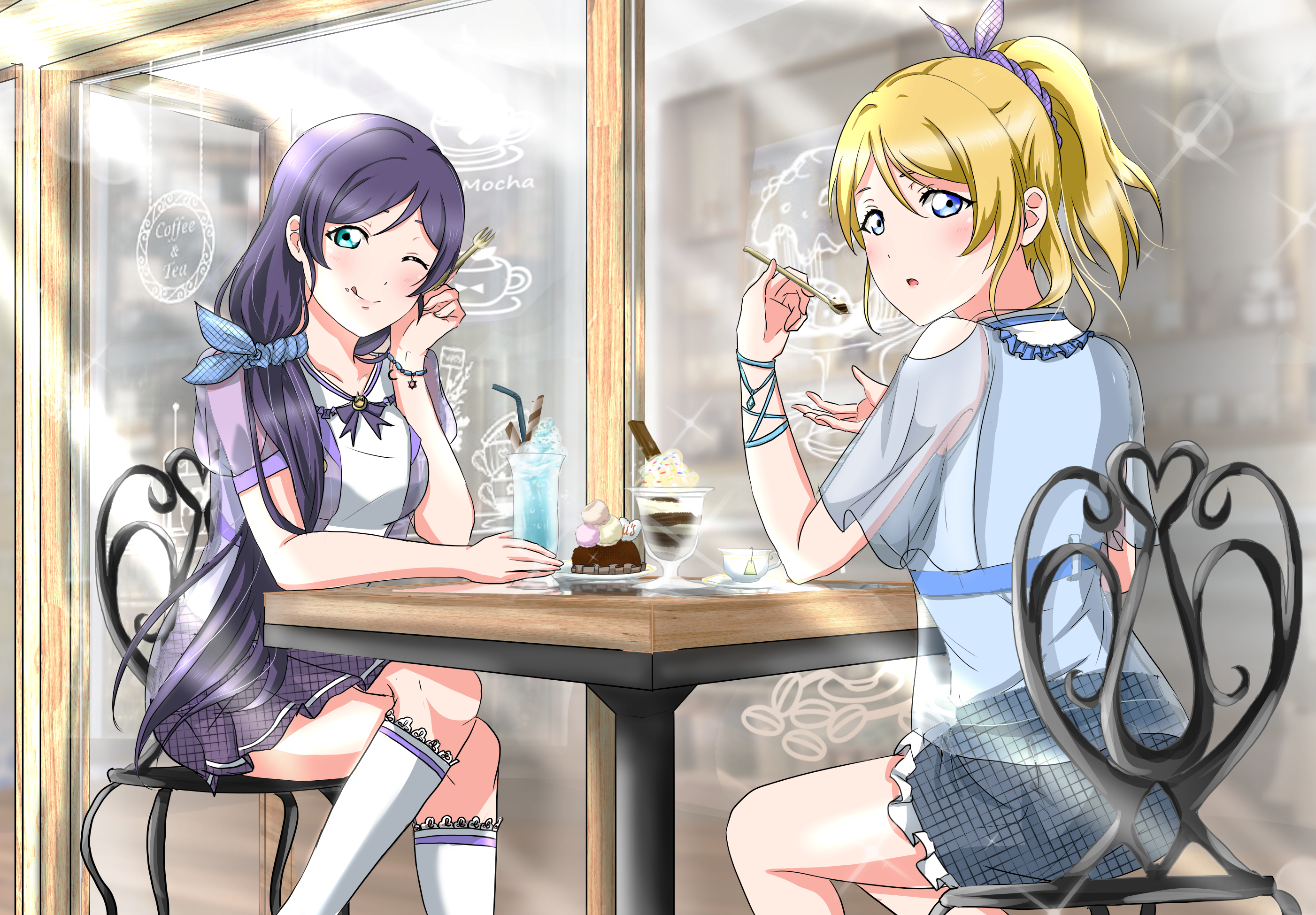 Nozomi Tojo and Eri Ayase from Love Live! at a cafe HD Wallpaper