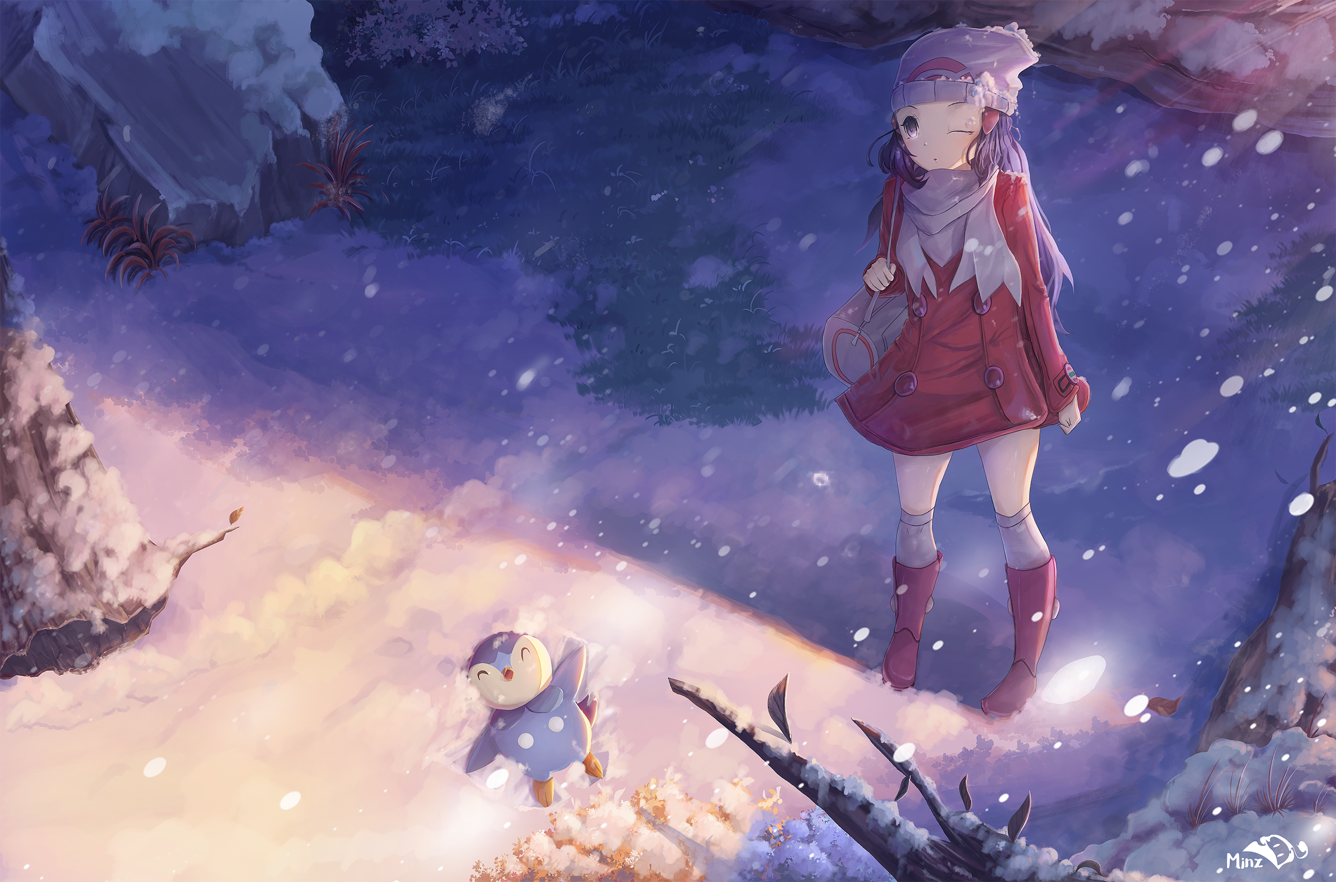 Dawn and Piplup from Pokémon in a snowy landscape HD Wallpaper