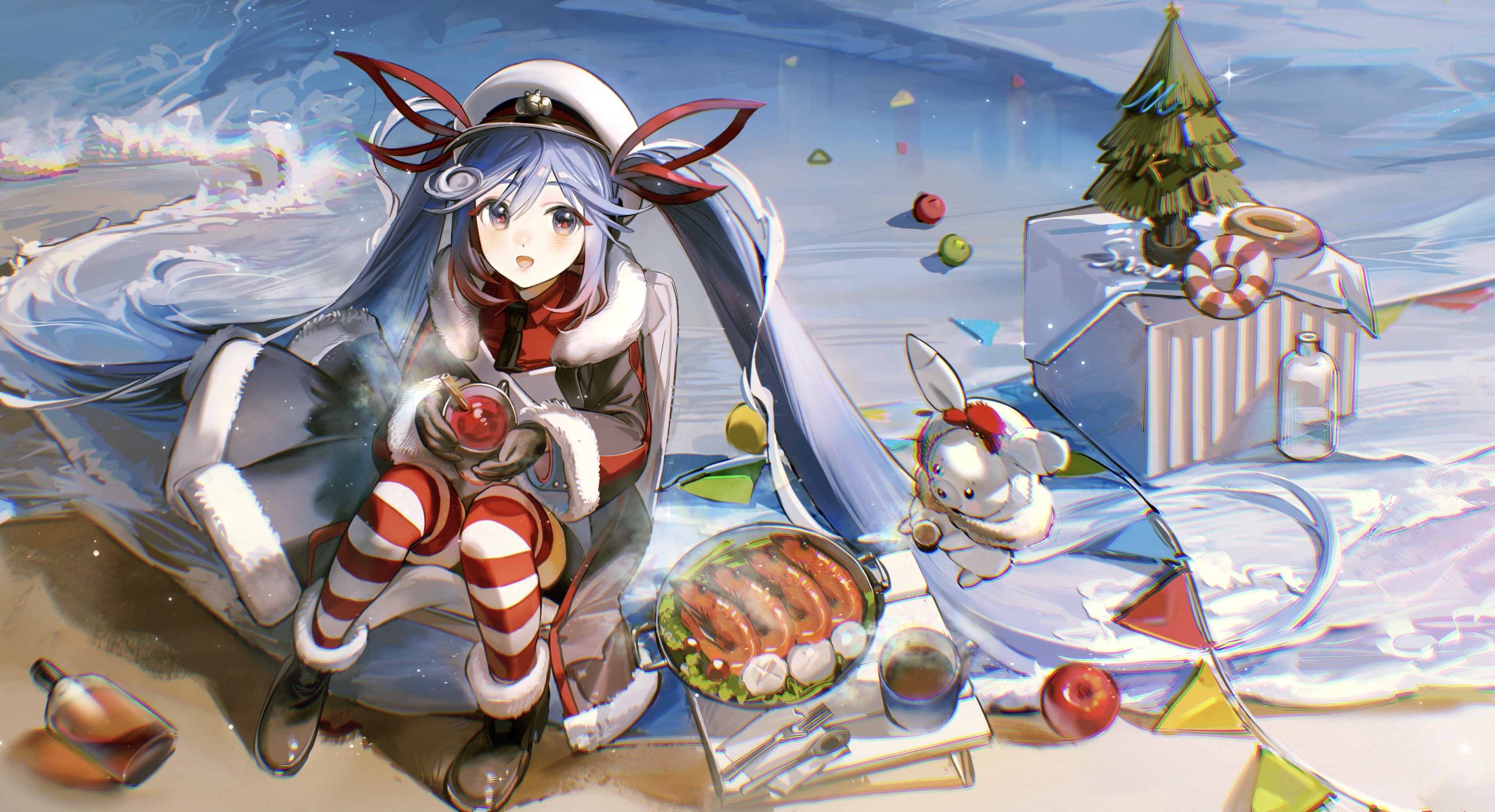 Hatsune Miku in Winter Outfit with Food and Christmas Tree HD Wallpaper