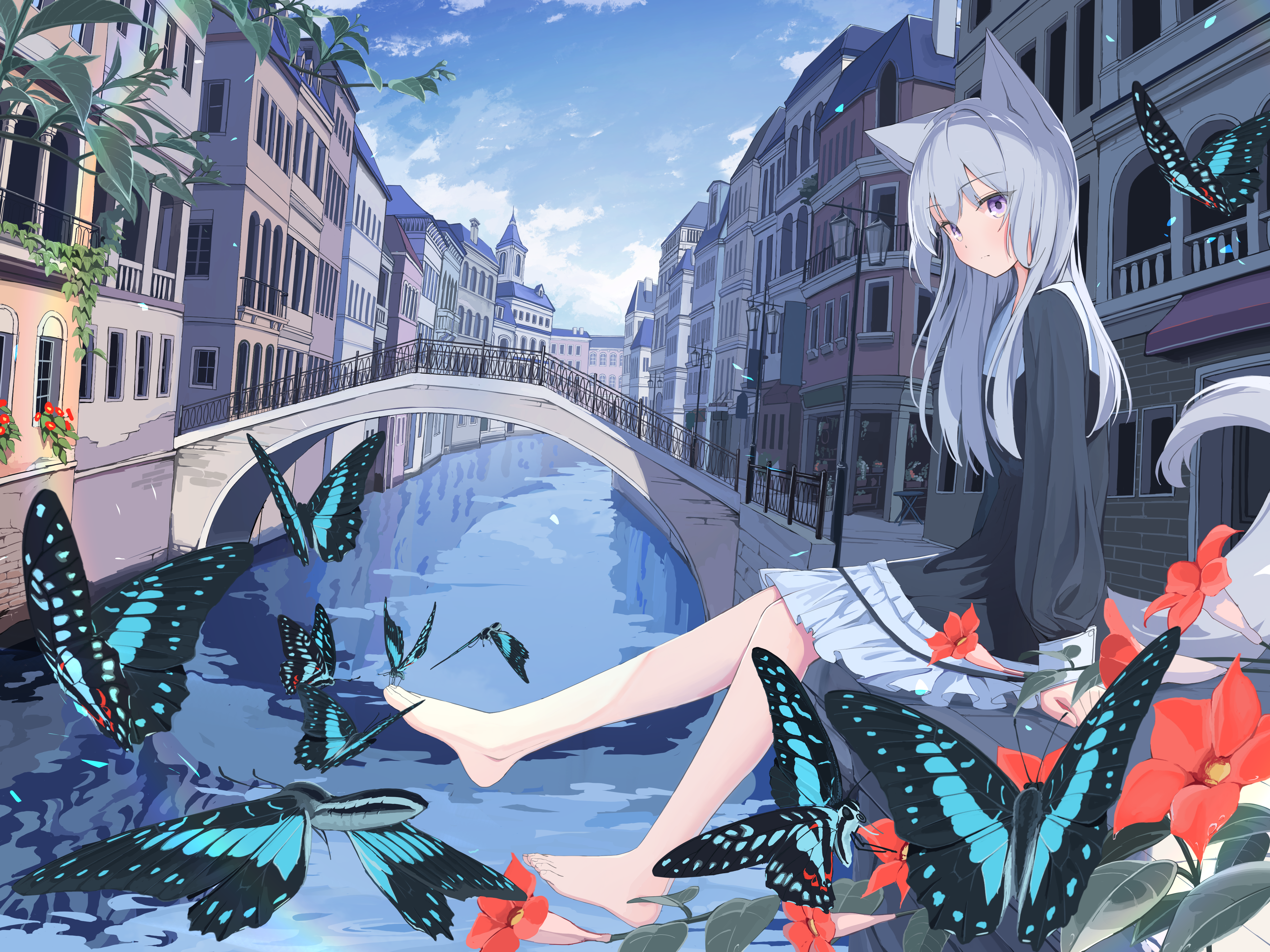 Anime girl with cat ears by a canal with butterflies HD Wallpaper