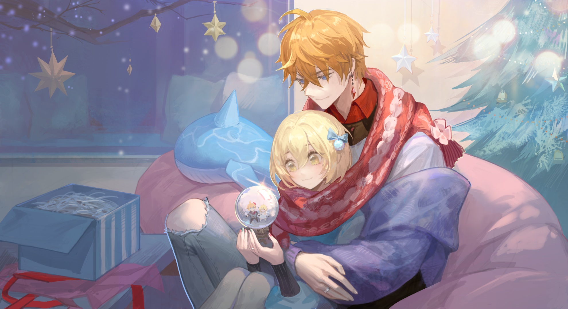 Tartaglia and Lumine from Genshin Impact celebrating Christmas HD Wallpaper