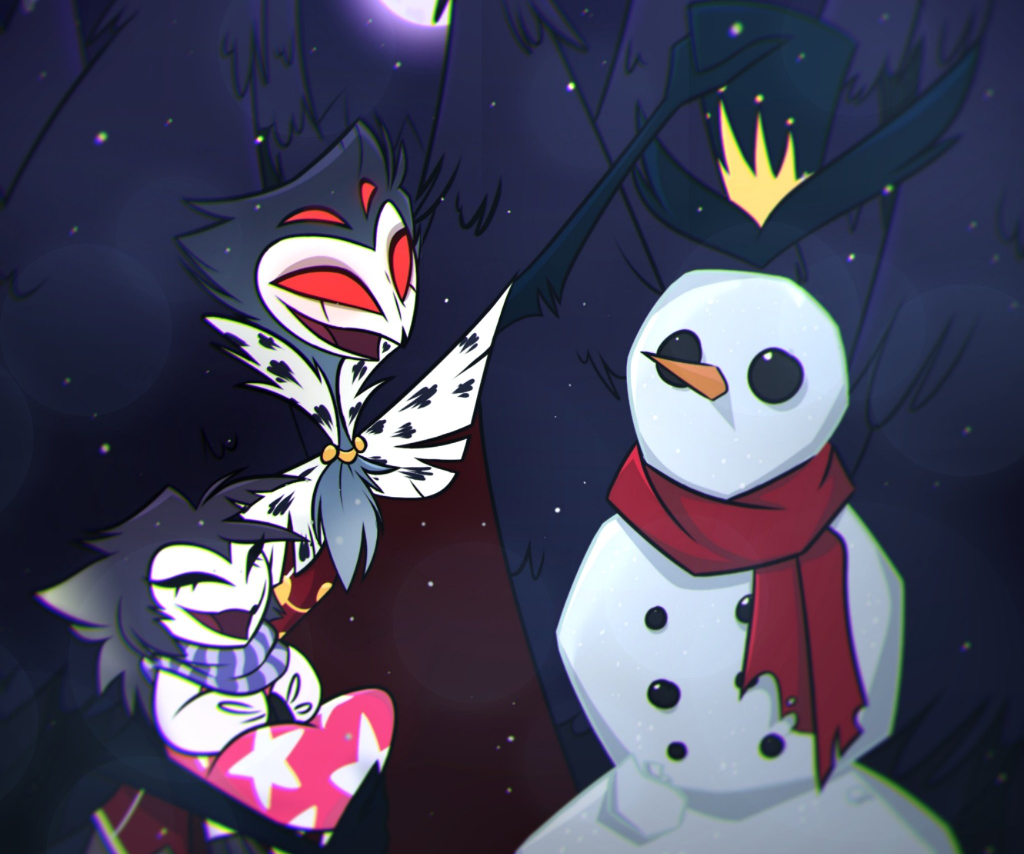 Stolas and Octavia from Helluva Boss with a snowman HD Wallpaper
