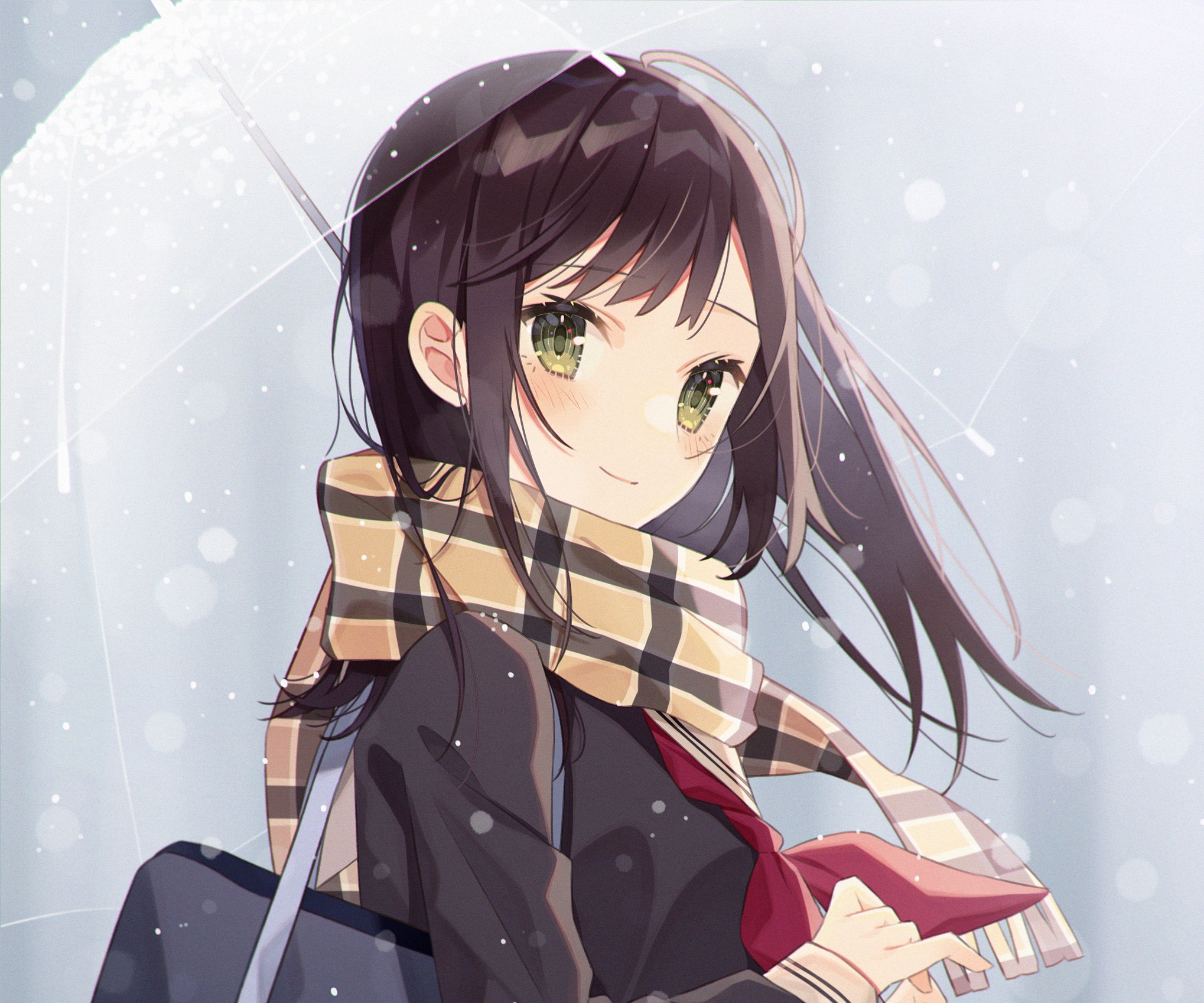 Anime girl with scarf under umbrella HD Wallpaper