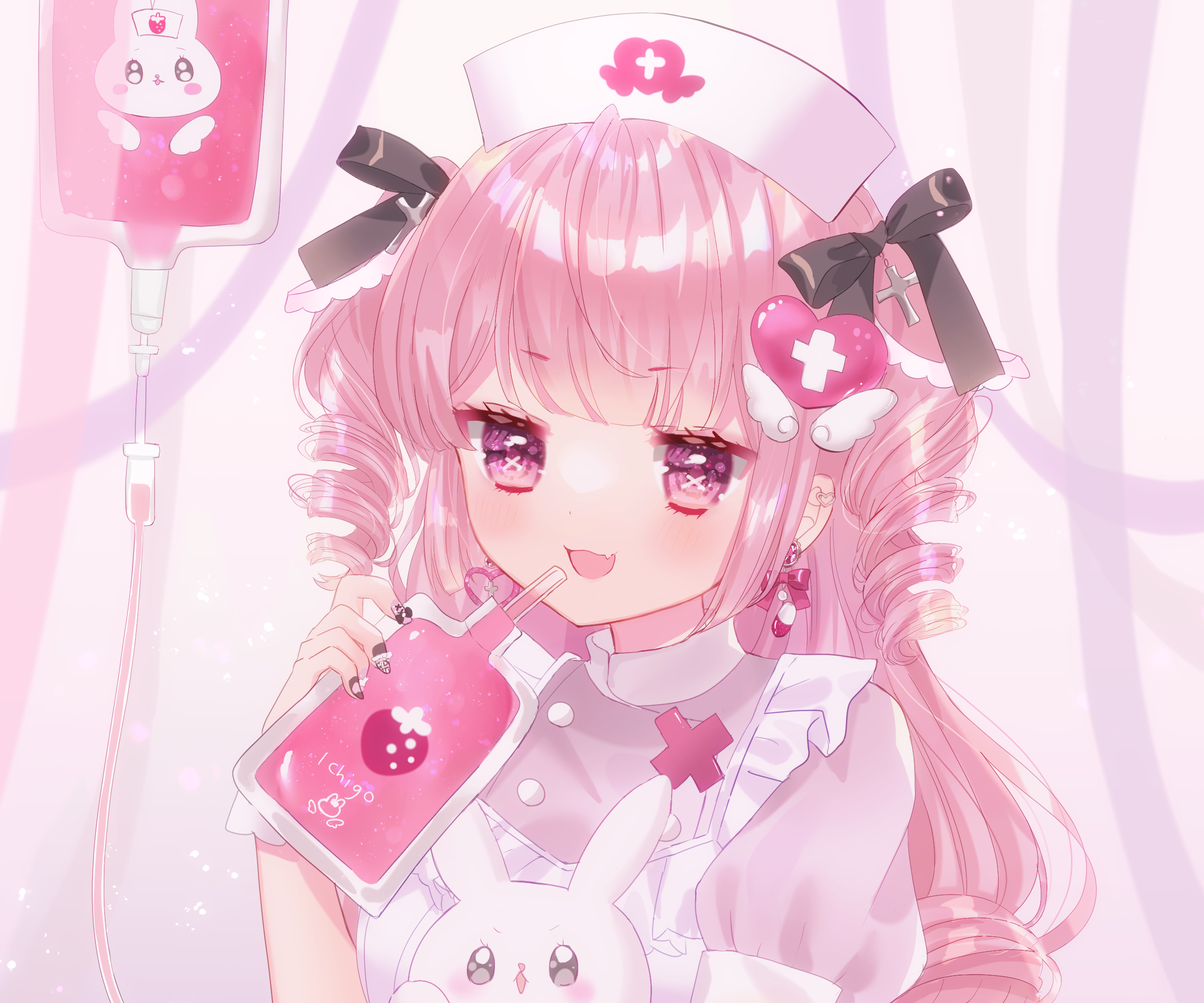 Anime girl dressed as a nurse drinking from a pouch HD Wallpaper