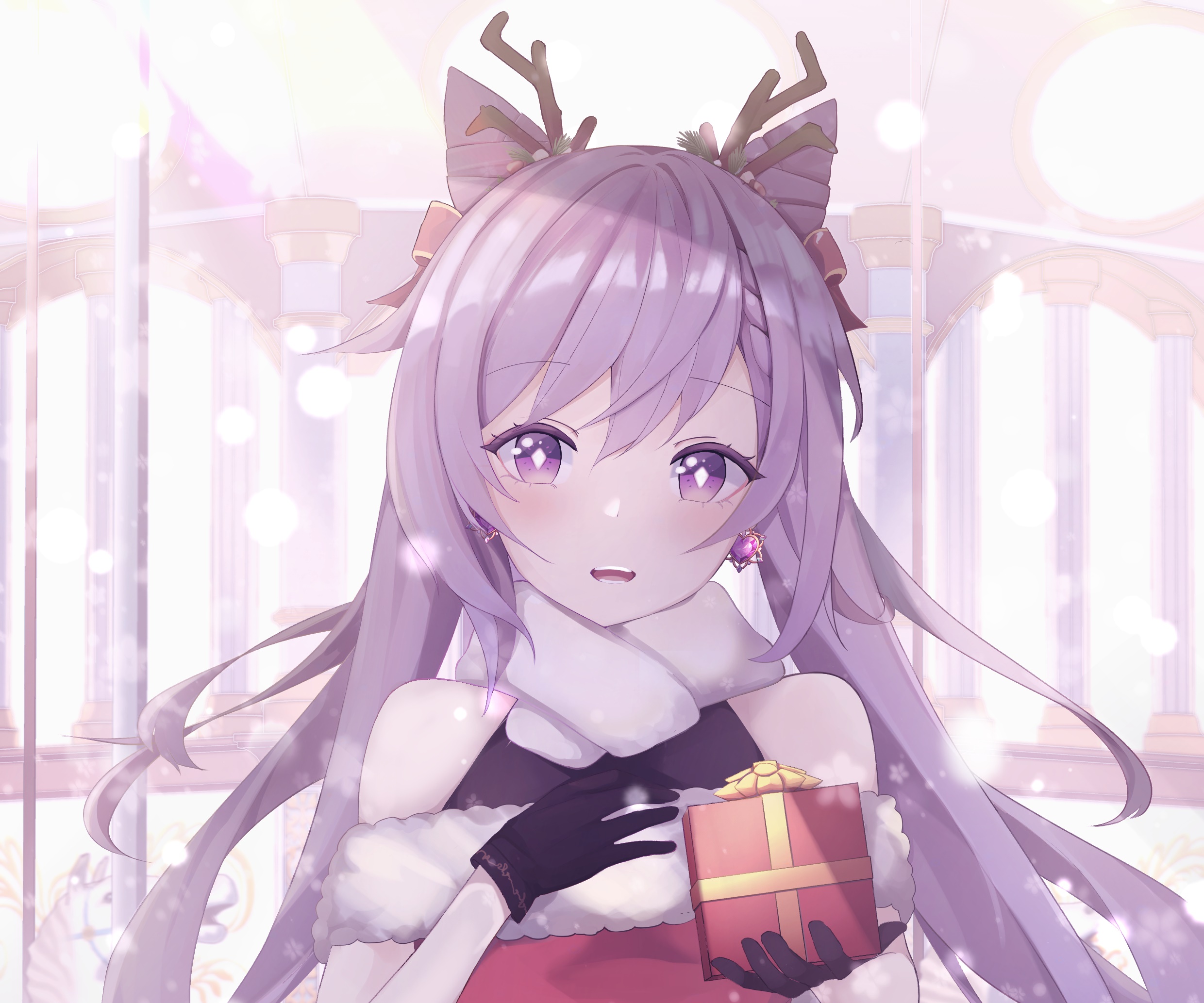 Keqing from Genshin Impact with a gift HD Wallpaper