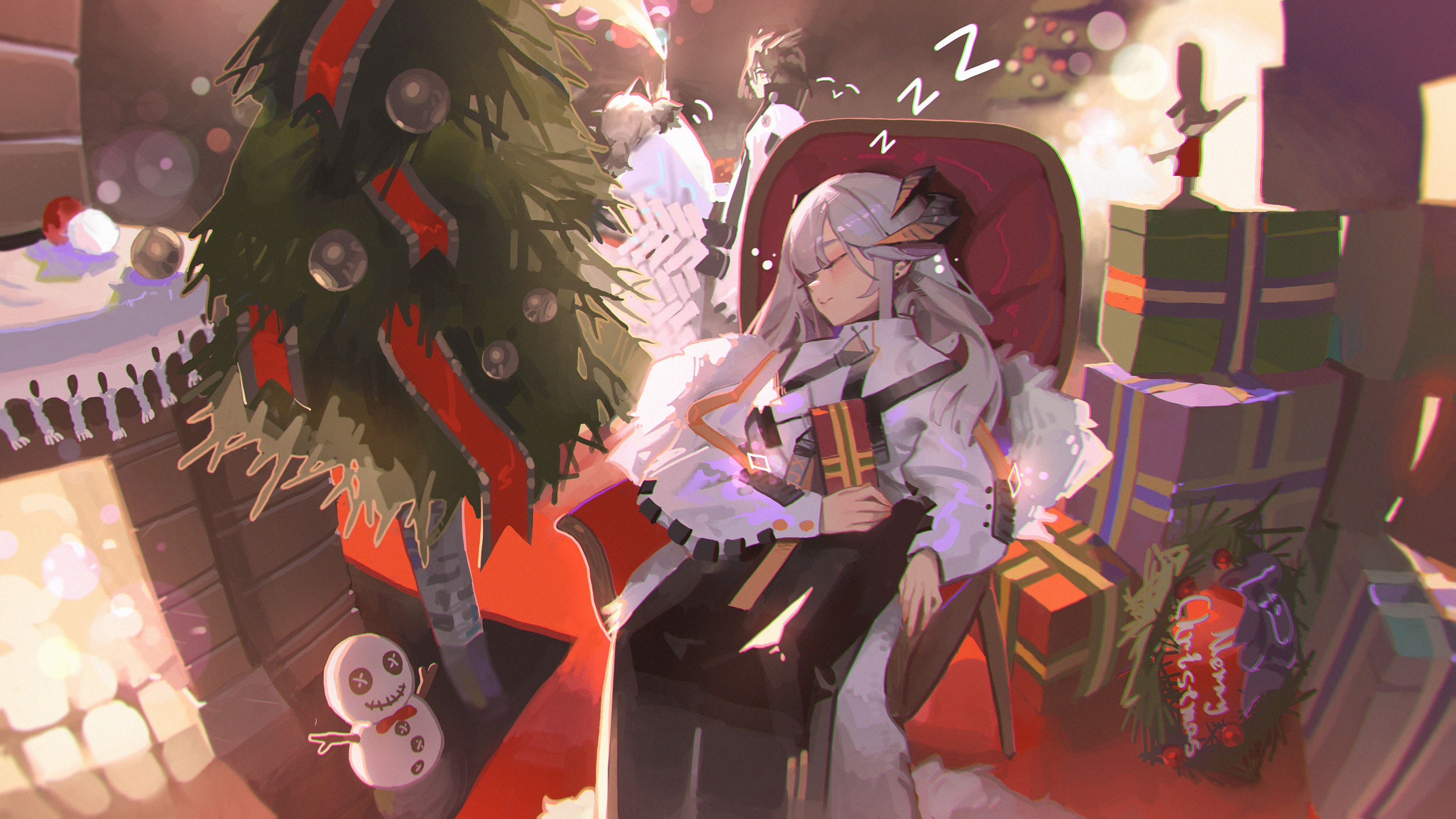 Saria from Arknights sleeping by a Christmas tree HD Wallpaper
